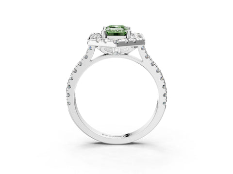Silver Hexagonal Halo Fancy Green Emerald Cut Diamond Pavé Band with Four-Prong Setting_39