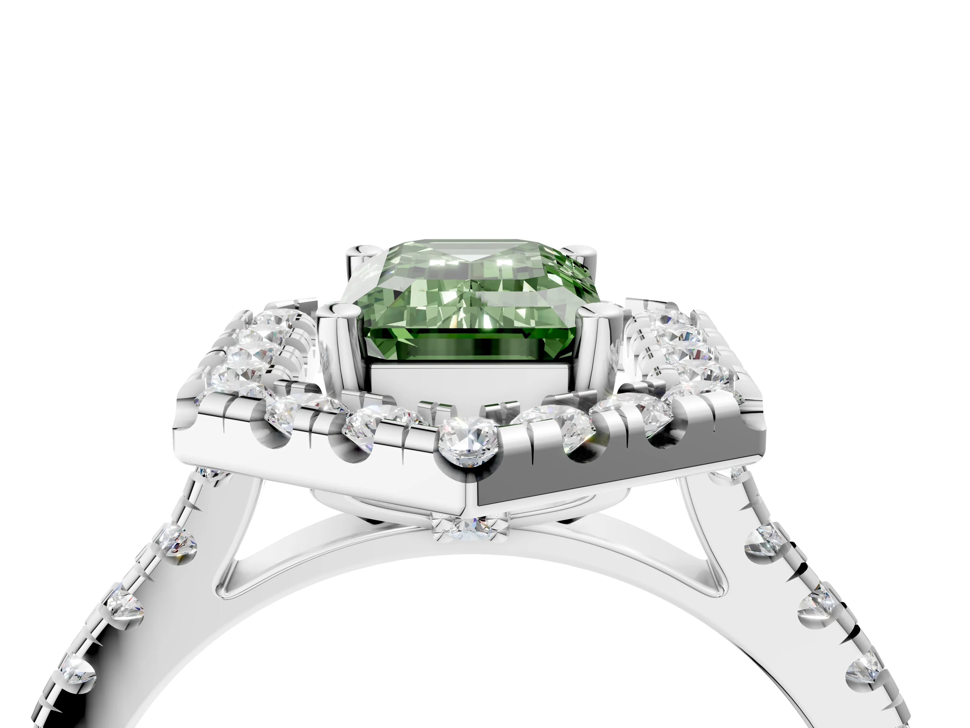 Silver Hexagonal Halo Fancy Green Emerald Cut Diamond Pavé Band with Four-Prong Setting_40