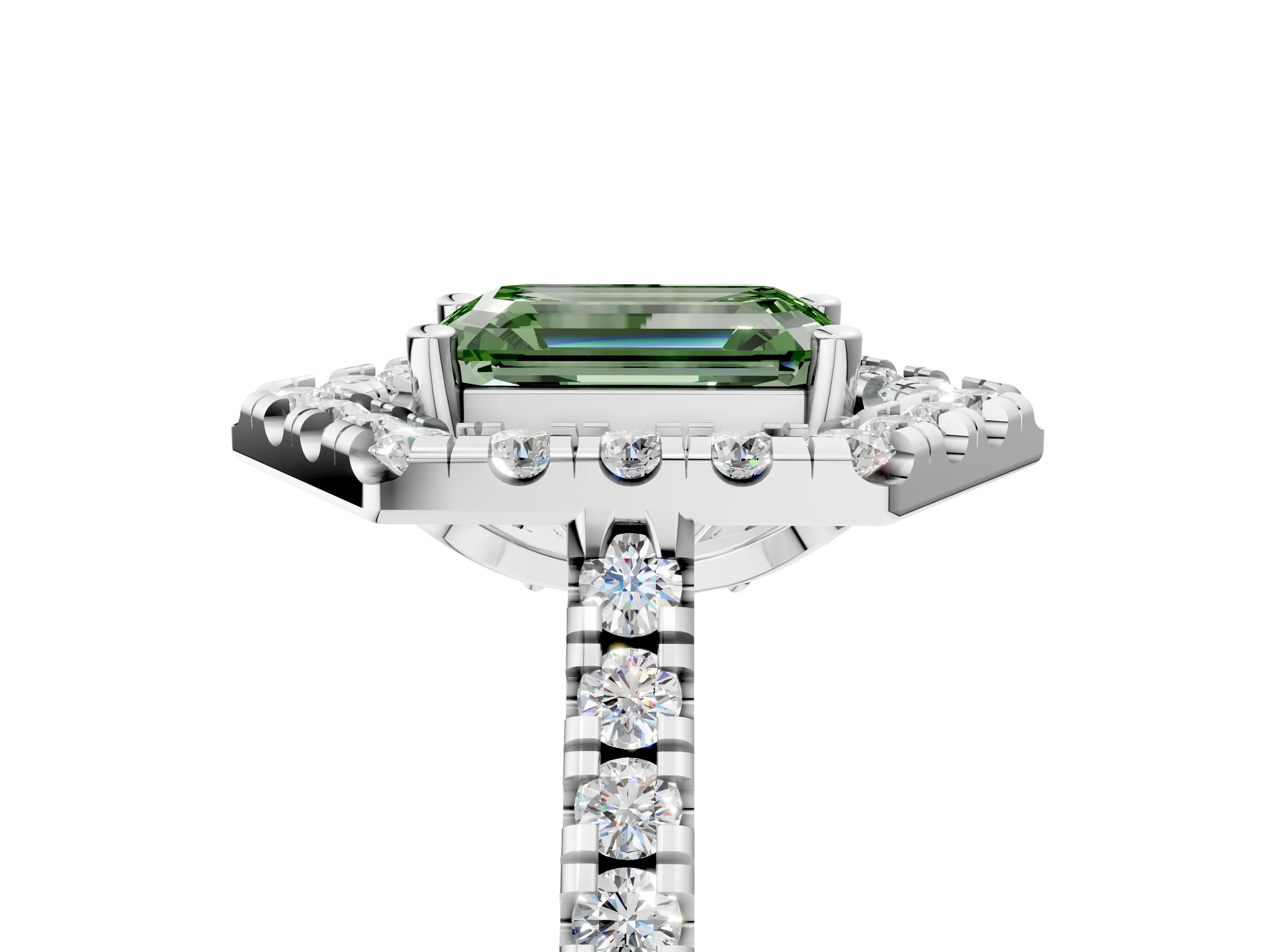 Silver Hexagonal Halo Fancy Green Emerald Cut Diamond Pavé Band with Four-Prong Setting_41