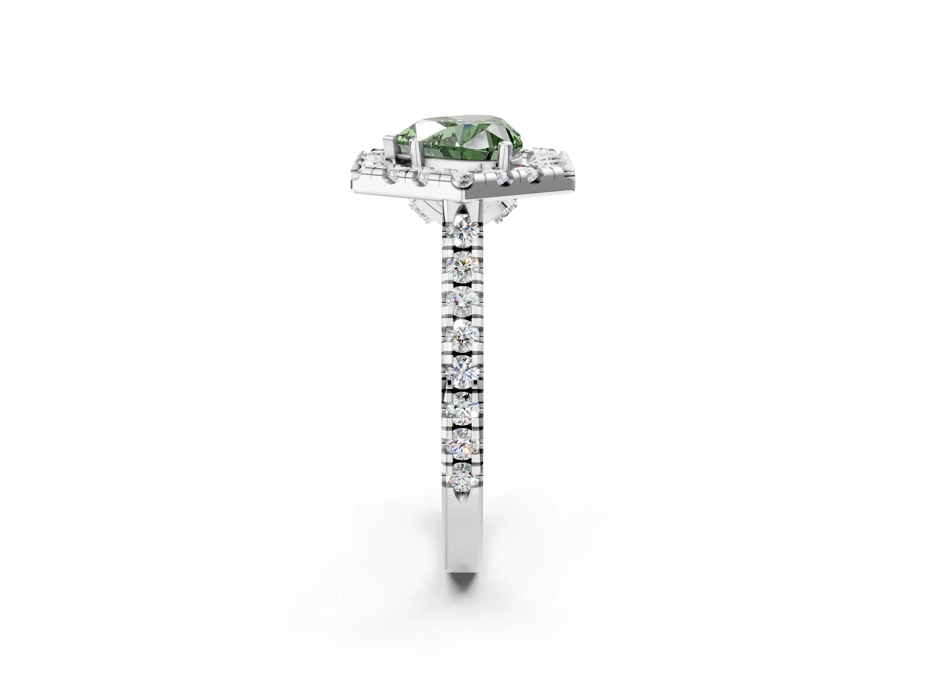Silver Hexagonal Halo Fancy Green Heart Cut Diamond Pavé Band with Four-Prong Setting_14