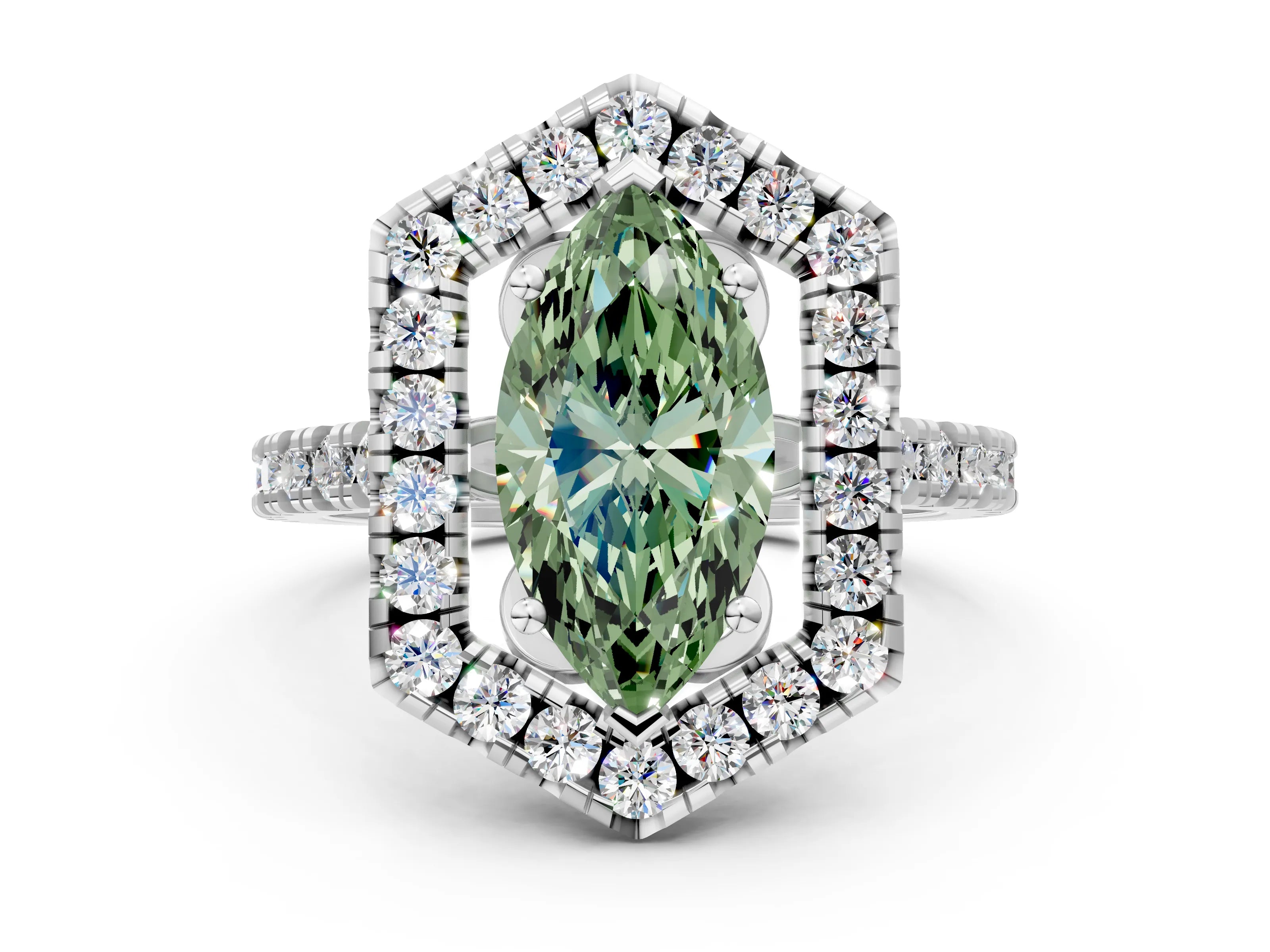 Silver Hexagonal Halo Fancy Green Marquise Cut Diamond Pavé Band with Four-Prong Setting_36