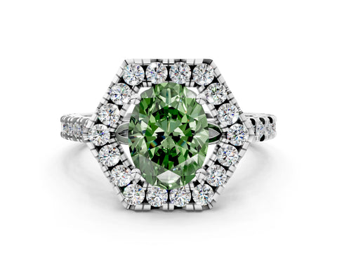 Silver Hexagonal Halo Fancy Green Oval Cut Diamond Pavé Band with Four-Prong Setting_12