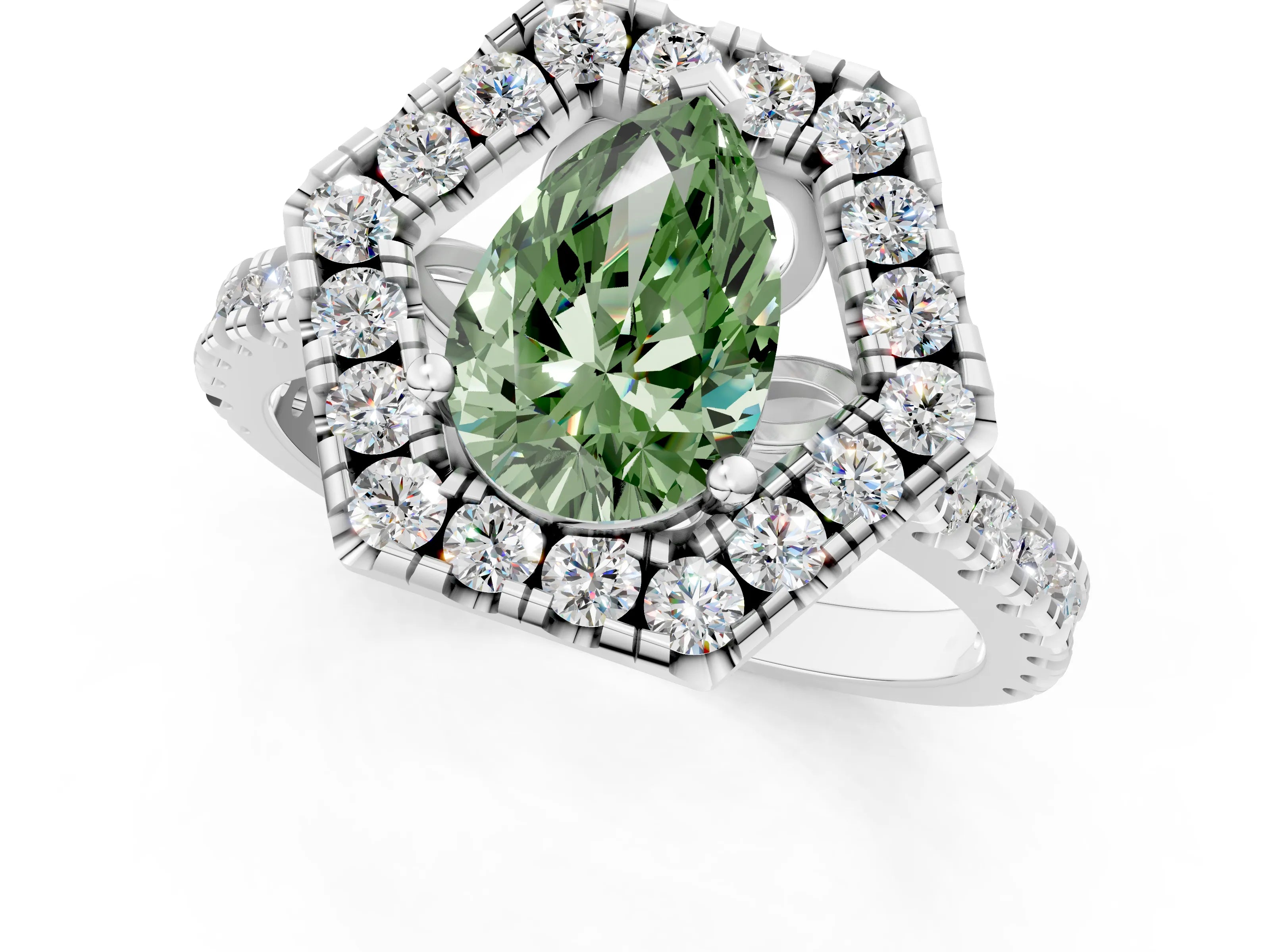 Silver Hexagonal Halo Fancy Green Pear Cut Diamond Pavé Band with Four-Prong Setting_13