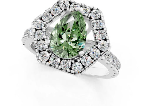 Silver Hexagonal Halo Fancy Green Pear Cut Diamond Pavé Band with Four-Prong Setting_13