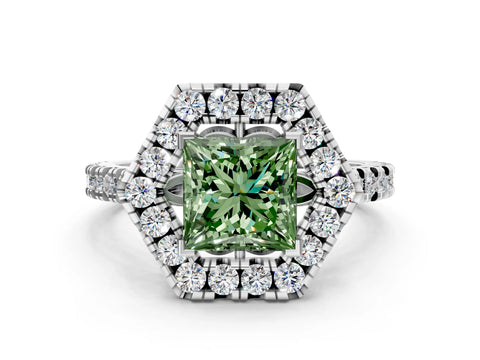Silver Hexagonal Halo Fancy Green Princess Cut Diamond Pavé Band with Four-Prong Setting_12