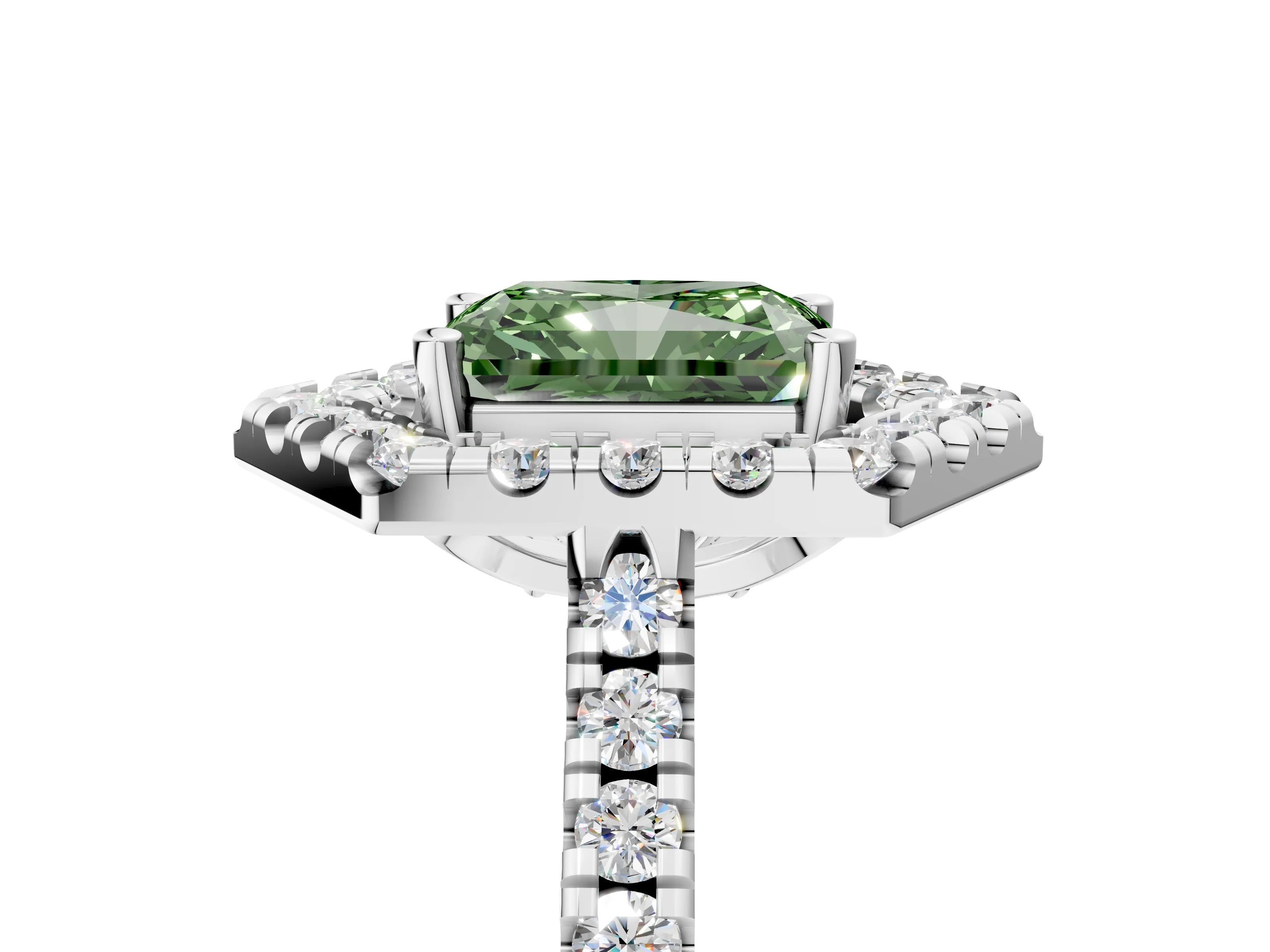 Silver Hexagonal Halo Fancy Green Radiant Cut Diamond Pavé Band with Four-Prong Setting_11