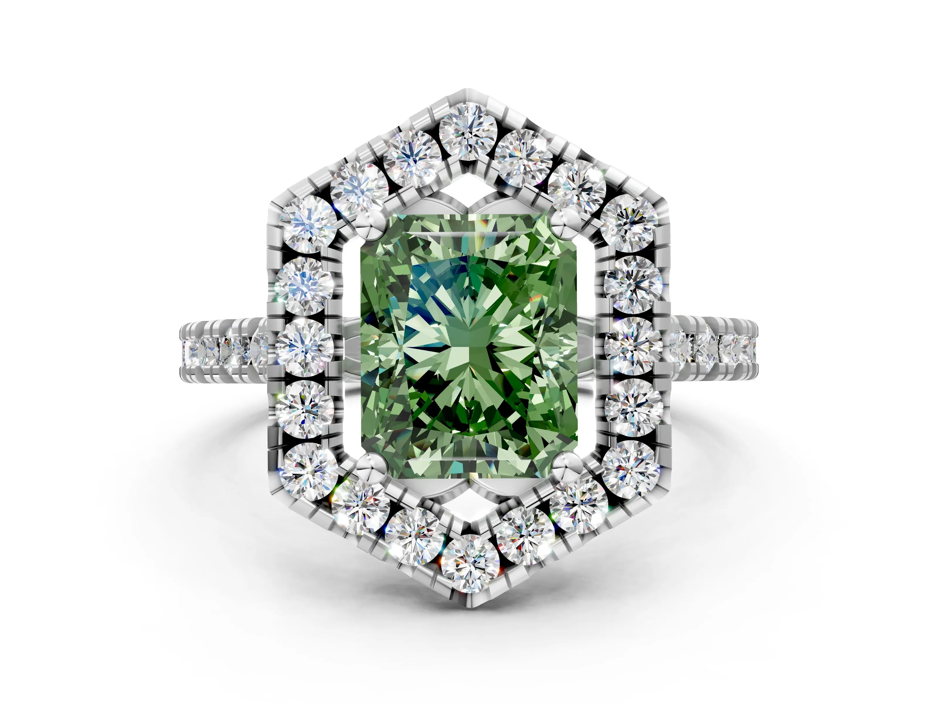 Silver Hexagonal Halo Fancy Green Radiant Cut Diamond Pavé Band with Four-Prong Setting_6