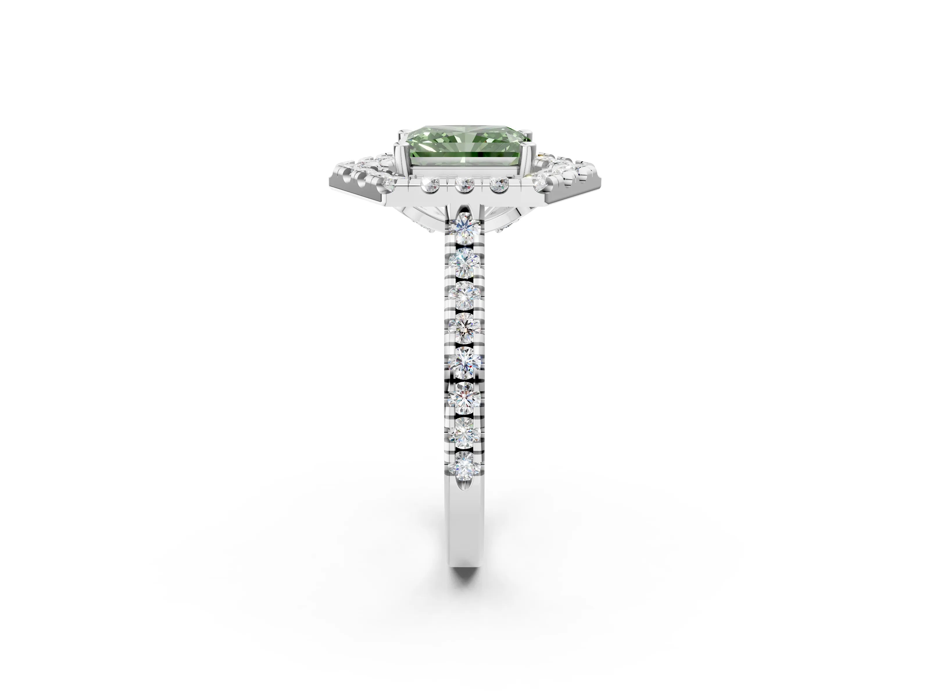 Silver Hexagonal Halo Fancy Green Radiant Cut Diamond Pavé Band with Four-Prong Setting_8