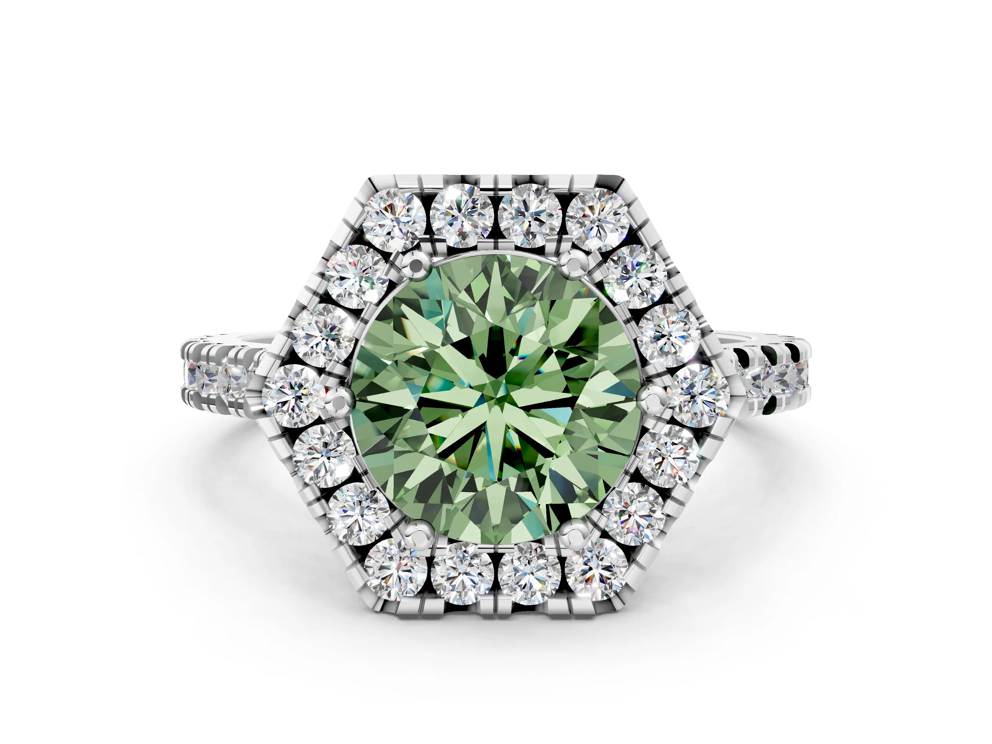 Silver Hexagonal Halo Fancy Green Round Cut Diamond Pavé Band with Four-Prong Setting_60