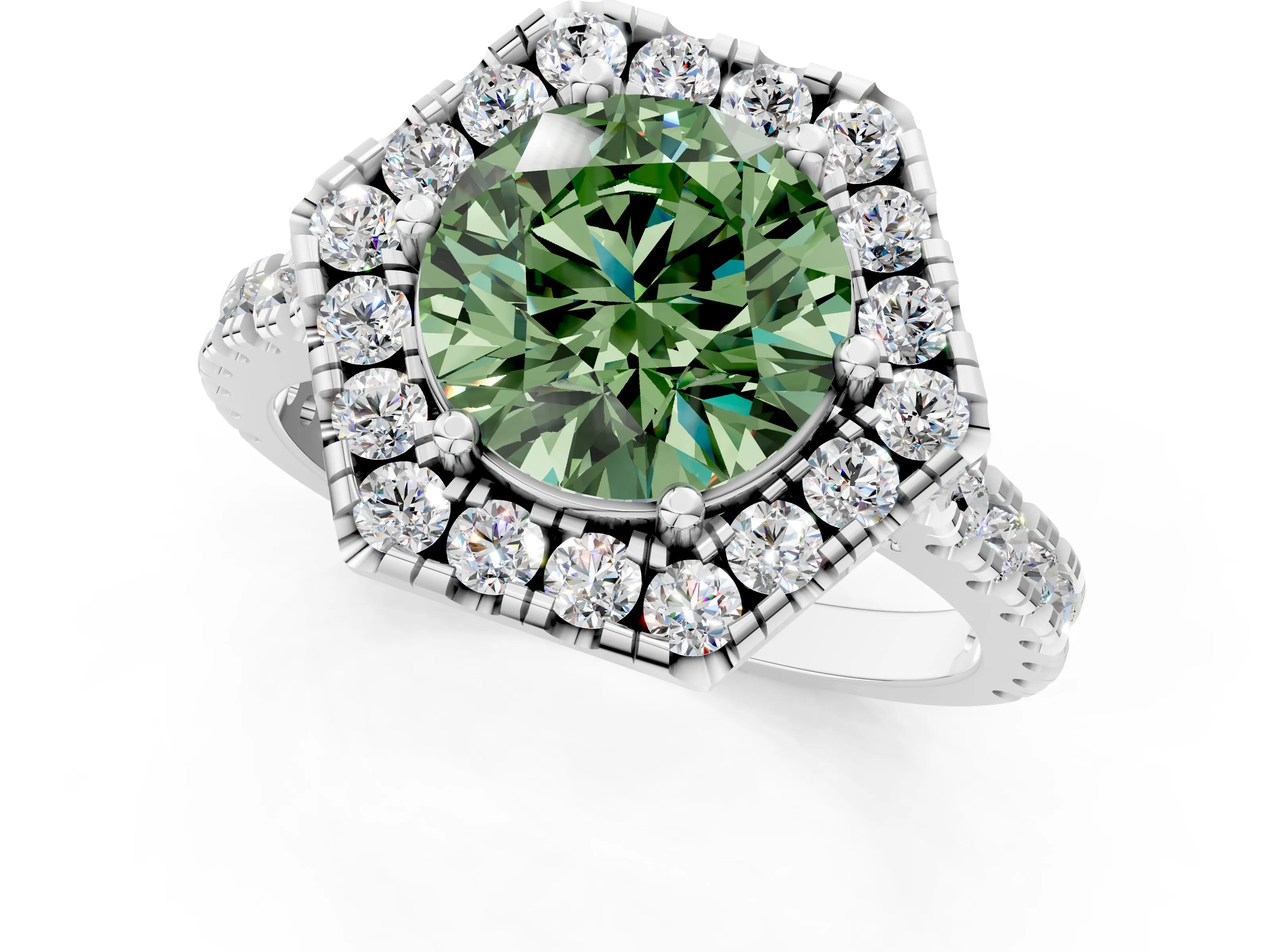 Silver Hexagonal Halo Fancy Green Round Cut Diamond Pavé Band with Four-Prong Setting_61
