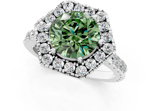 Silver Hexagonal Halo Fancy Green Round Cut Diamond Pavé Band with Four-Prong Setting_61