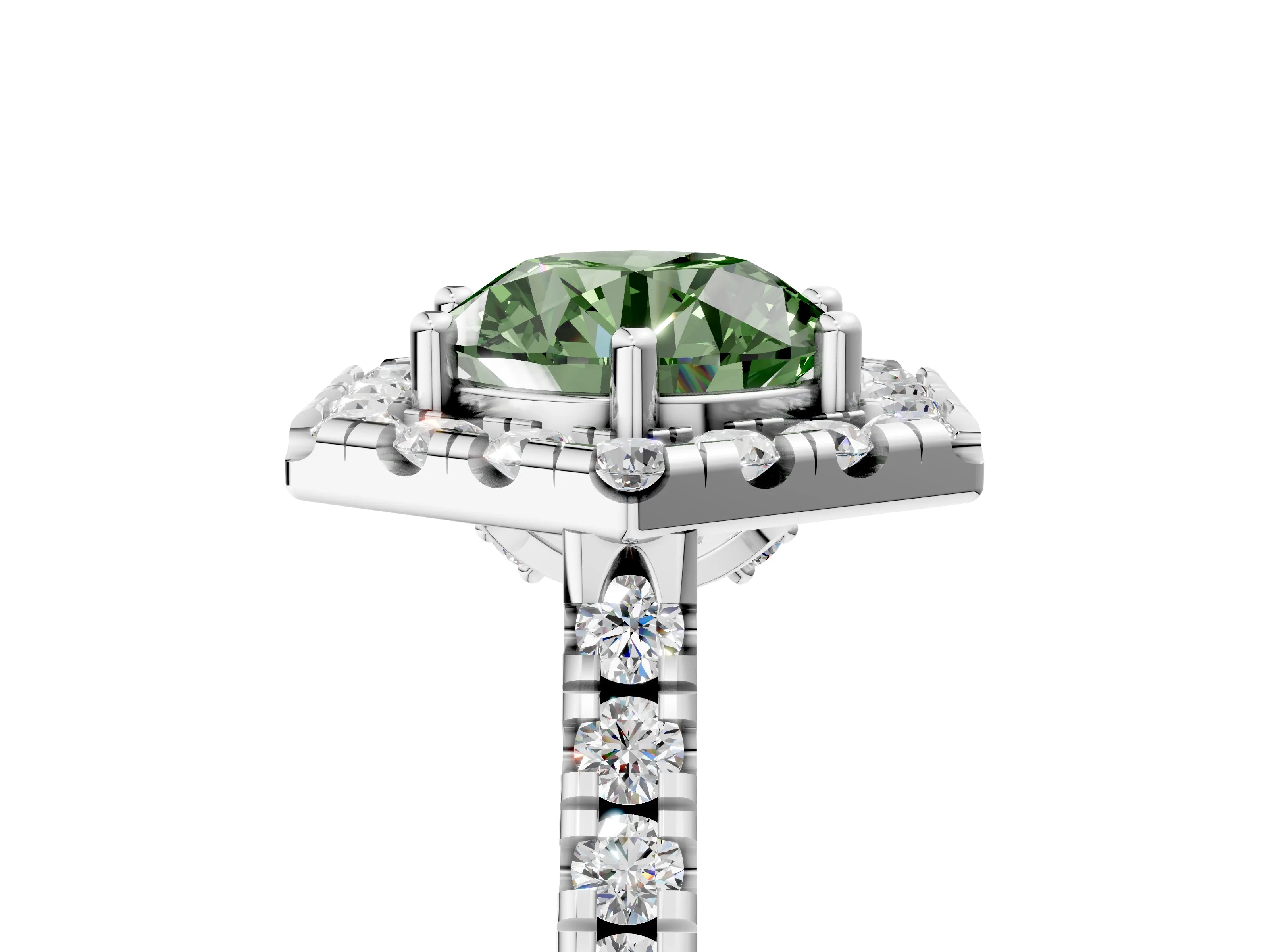 Silver Hexagonal Halo Fancy Green Round Cut Diamond Pavé Band with Four-Prong Setting_65