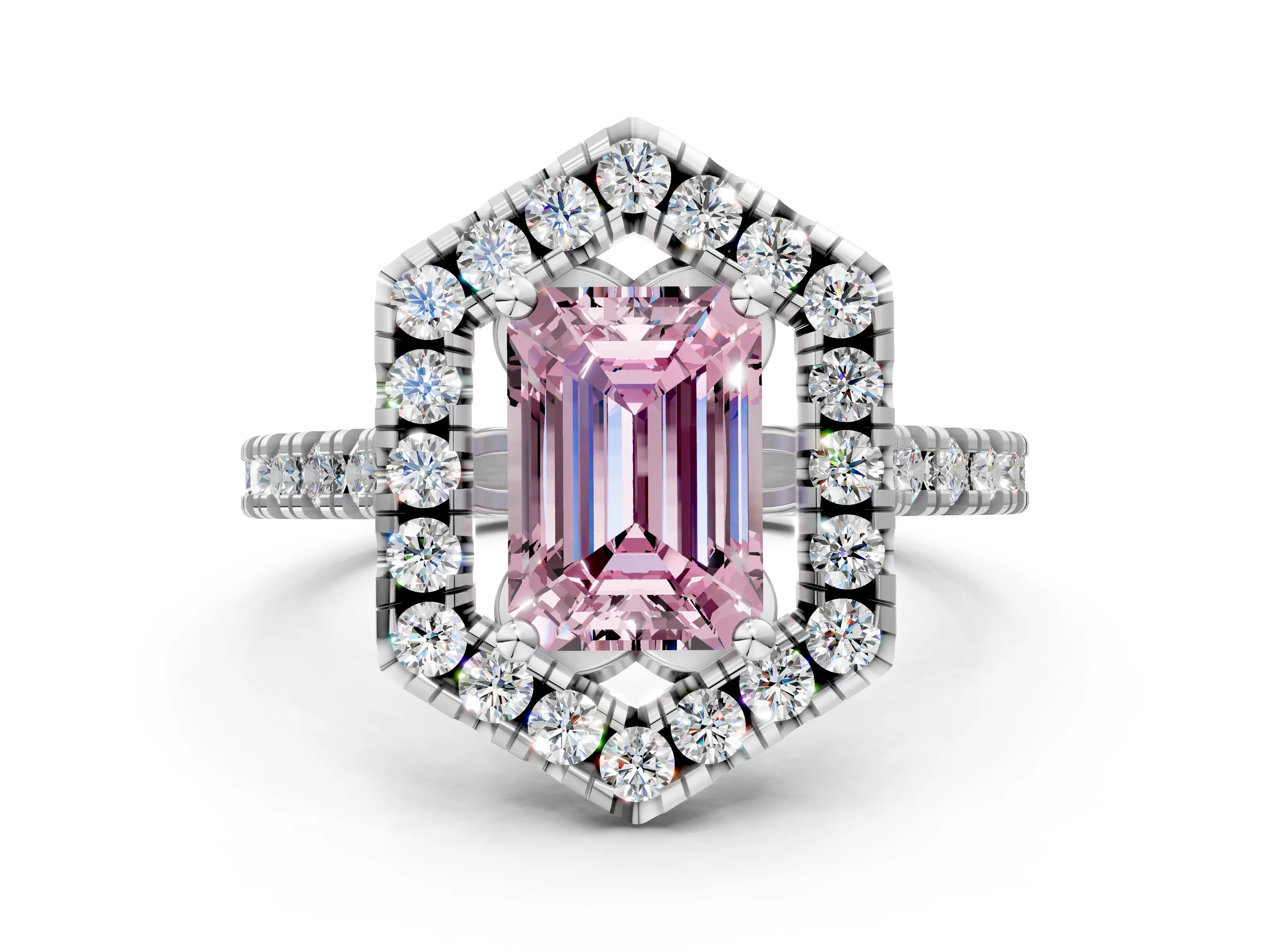Silver Hexagonal Halo Fancy Pink Emerald Cut Diamond Pavé Band with Four-Prong Setting_12