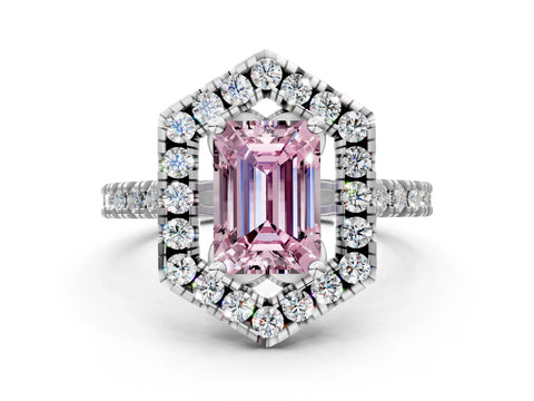 Silver Hexagonal Halo Fancy Pink Emerald Cut Diamond Pavé Band with Four-Prong Setting_12