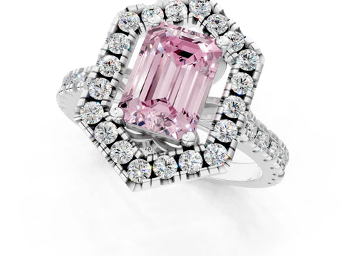 Silver Hexagonal Halo Fancy Pink Emerald Cut Diamond Pavé Band with Four-Prong Setting_13