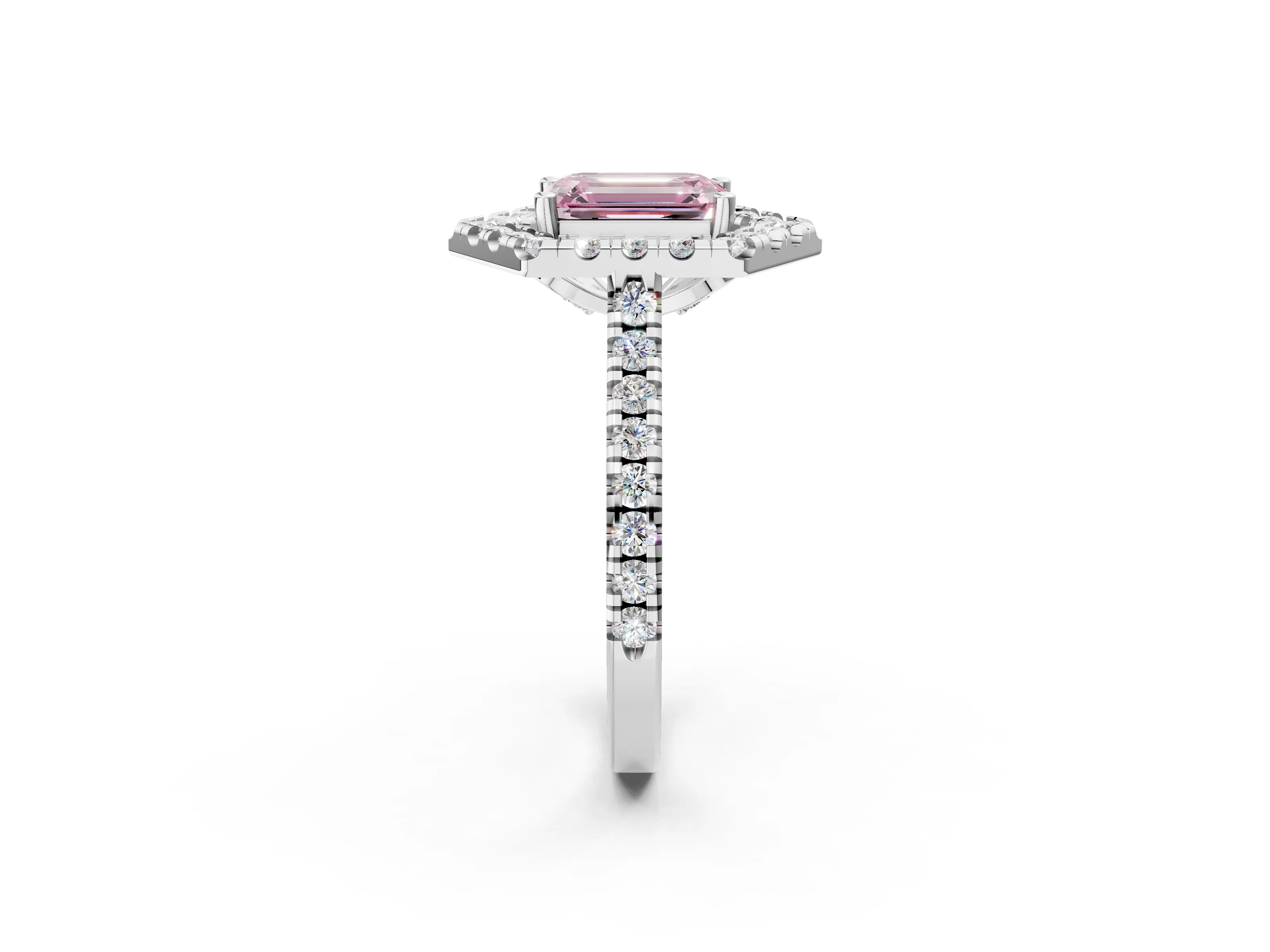 Silver Hexagonal Halo Fancy Pink Emerald Cut Diamond Pavé Band with Four-Prong Setting_14