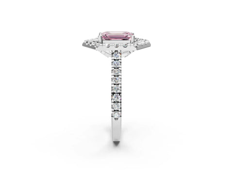 Silver Hexagonal Halo Fancy Pink Emerald Cut Diamond Pavé Band with Four-Prong Setting_14