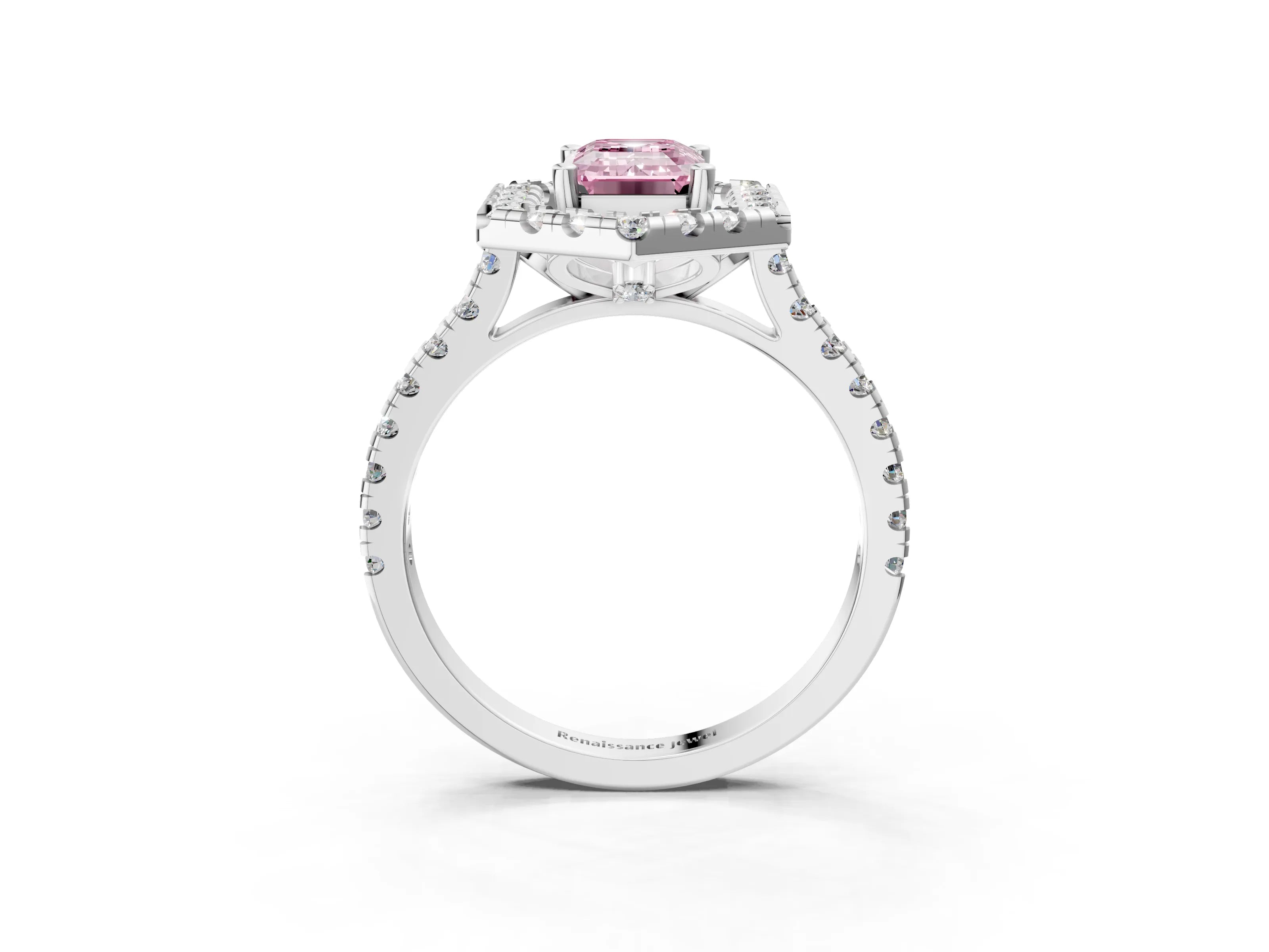 Silver Hexagonal Halo Fancy Pink Emerald Cut Diamond Pavé Band with Four-Prong Setting_15