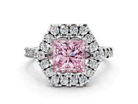 Silver Hexagonal Halo Fancy Pink Princess Cut Diamond Pavé Band with Four-Prong Setting_12