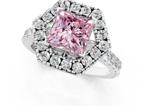 Silver Hexagonal Halo Fancy Pink Princess Cut Diamond Pavé Band with Four-Prong Setting_13