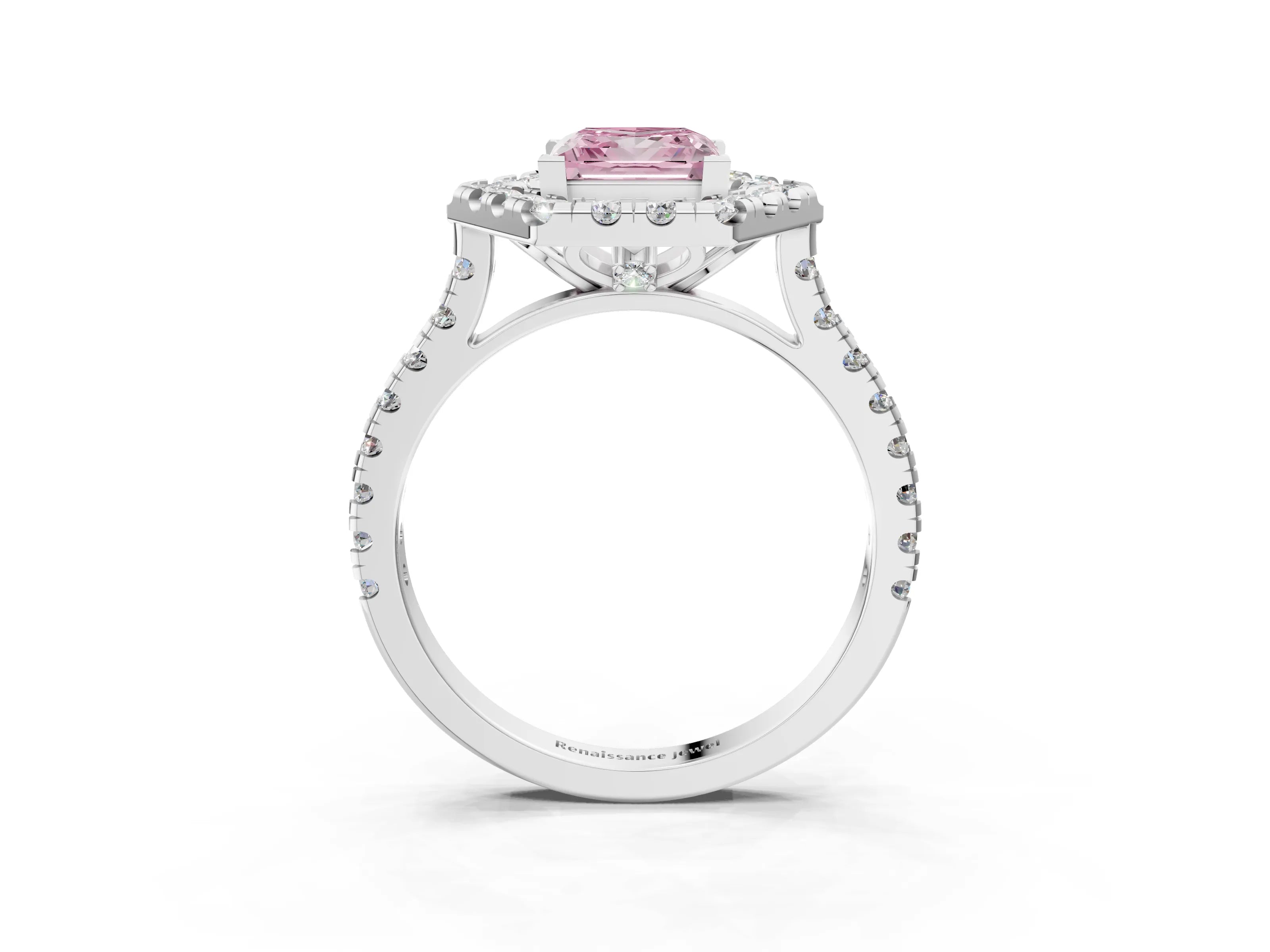 Silver Hexagonal Halo Fancy Pink Princess Cut Diamond Pavé Band with Four-Prong Setting_15
