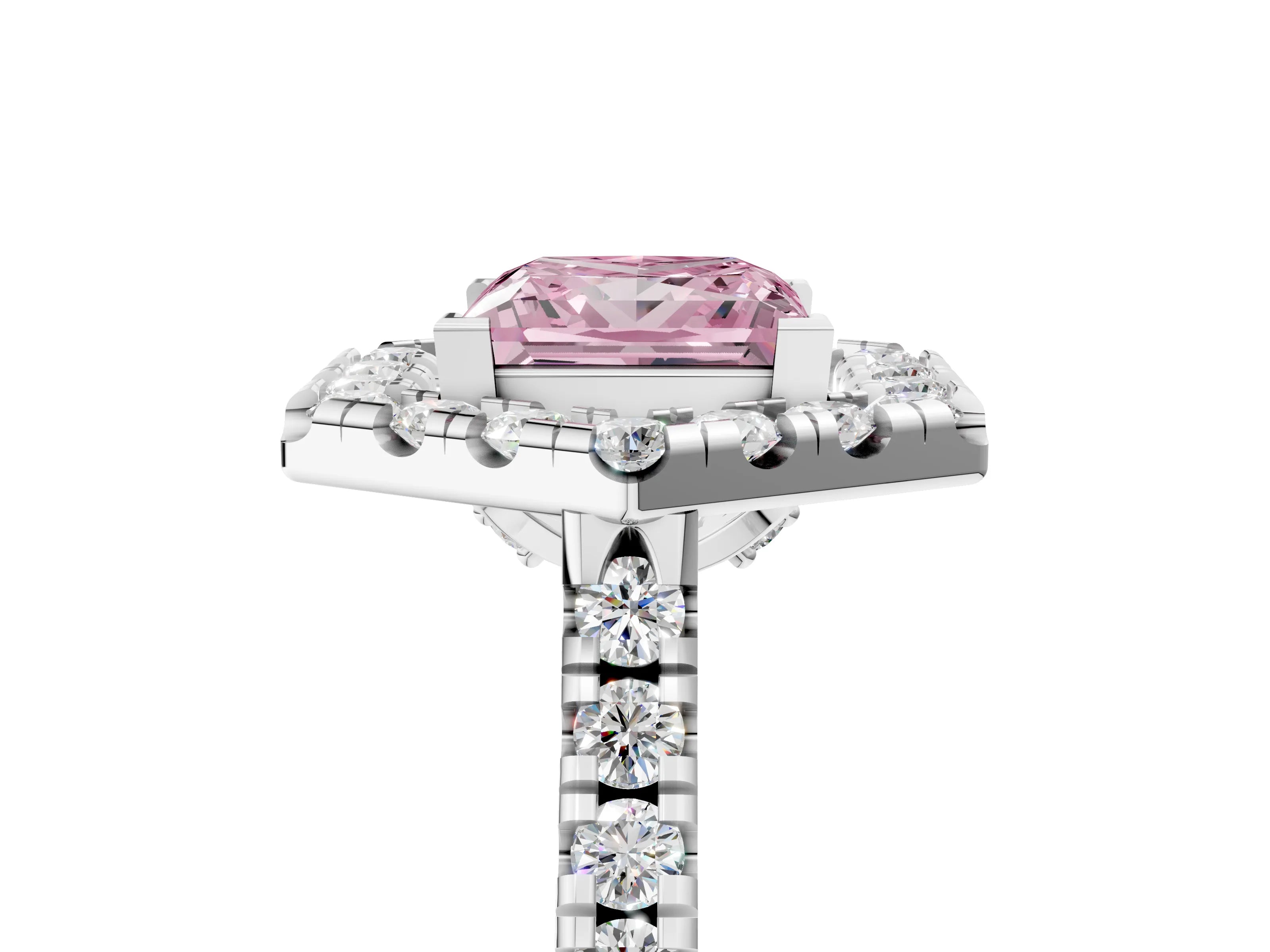 Silver Hexagonal Halo Fancy Pink Princess Cut Diamond Pavé Band with Four-Prong Setting_17