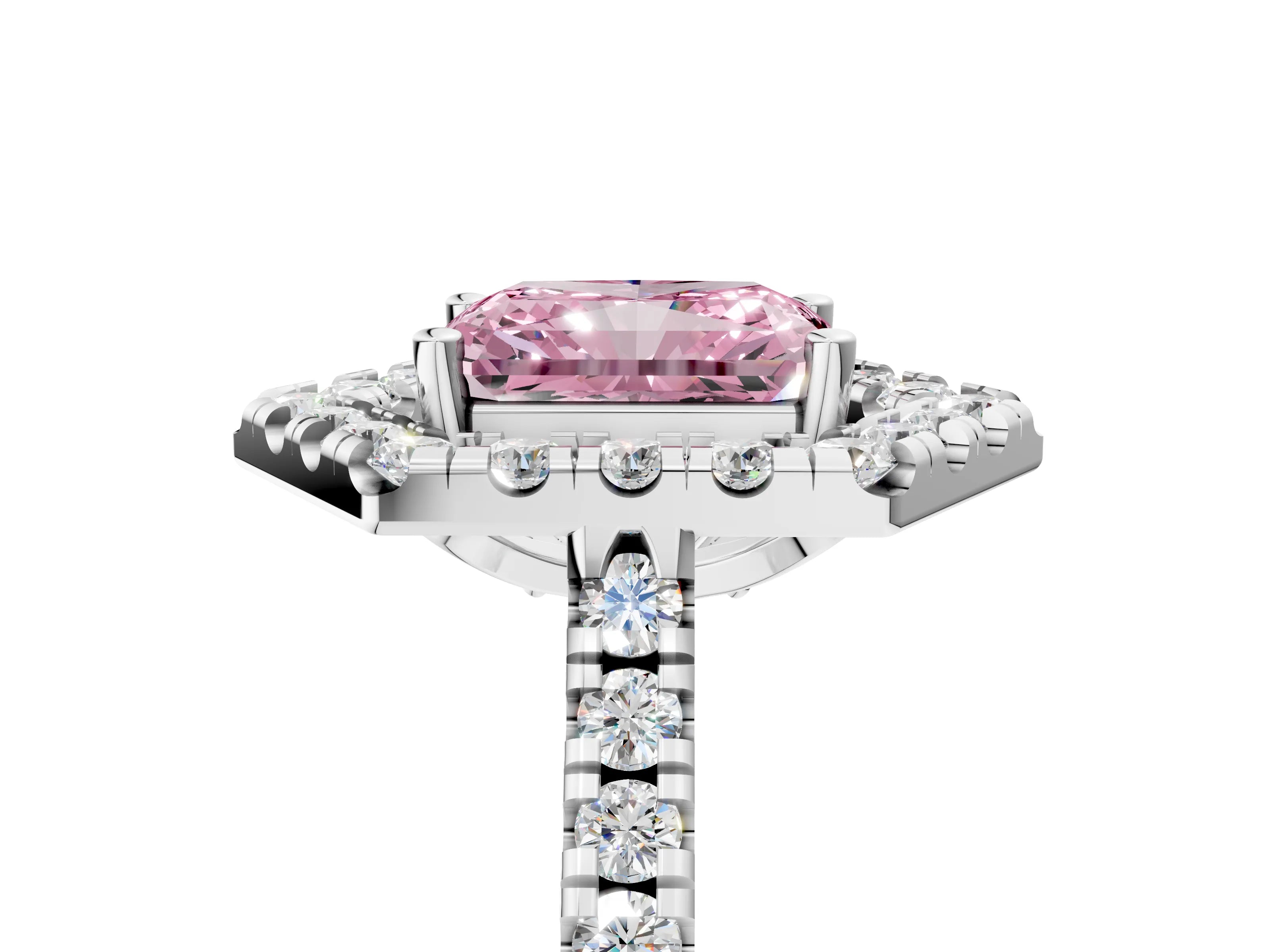 Silver Hexagonal Halo Fancy Pink Radiant Cut Diamond Pavé Band with Four-Prong Setting_11