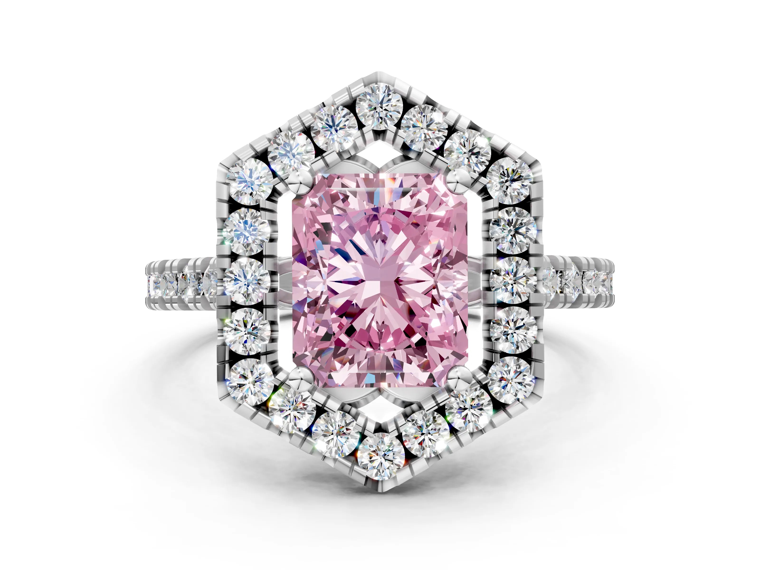 Silver Hexagonal Halo Fancy Pink Radiant Cut Diamond Pavé Band with Four-Prong Setting_6