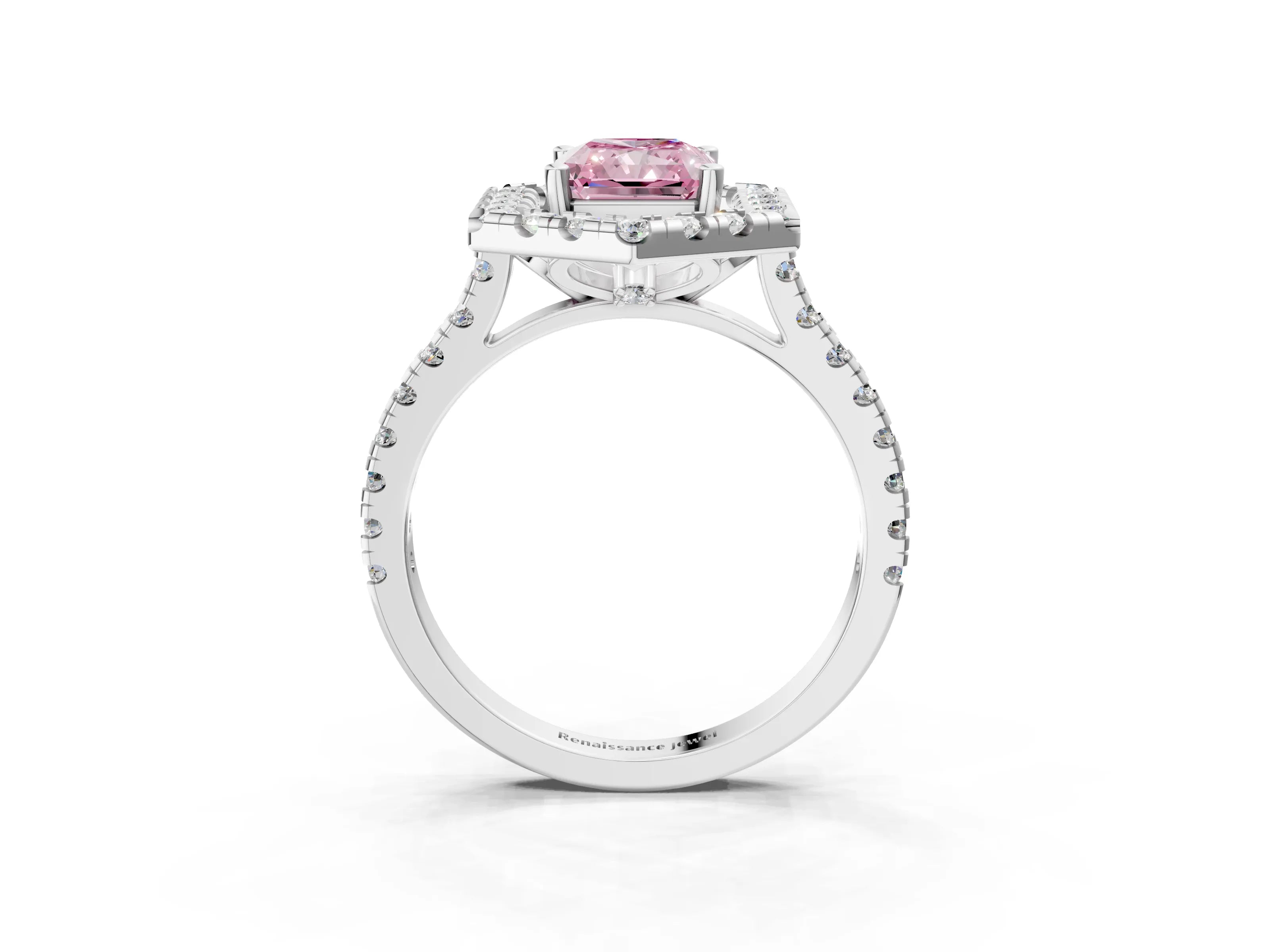 Silver Hexagonal Halo Fancy Pink Radiant Cut Diamond Pavé Band with Four-Prong Setting_9
