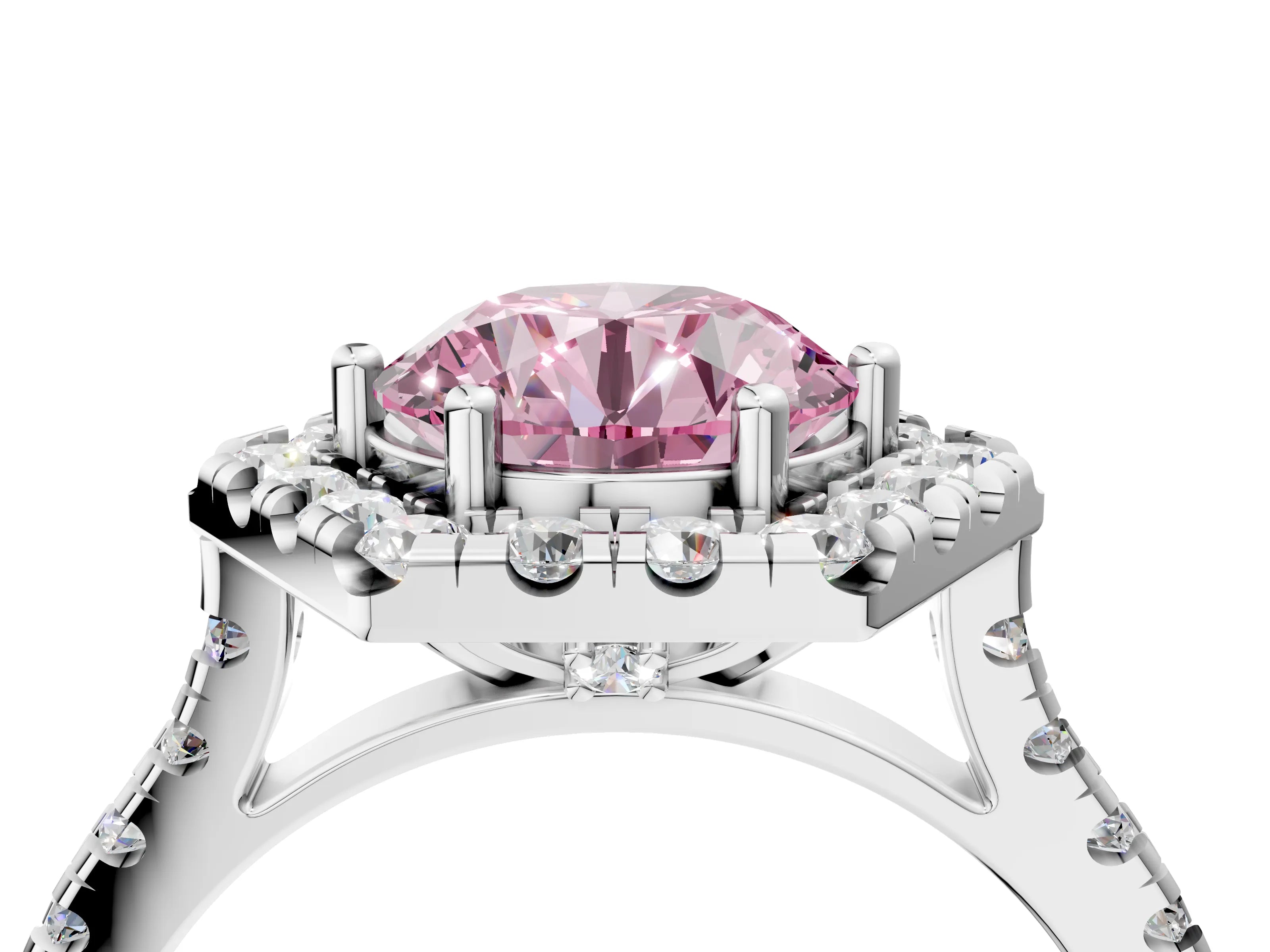 Silver Hexagonal Halo Fancy Pink Round Cut Diamond Pavé Band with Four-Prong Setting_10