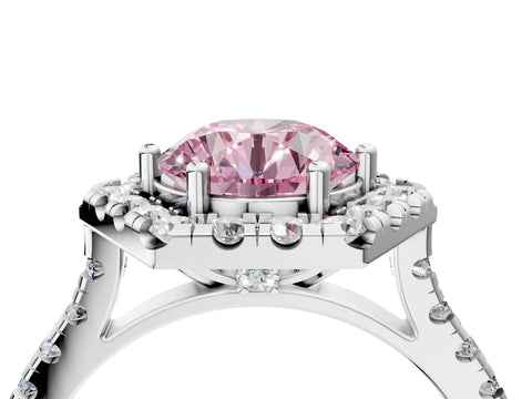 Silver Hexagonal Halo Fancy Pink Round Cut Diamond Pavé Band with Four-Prong Setting_10