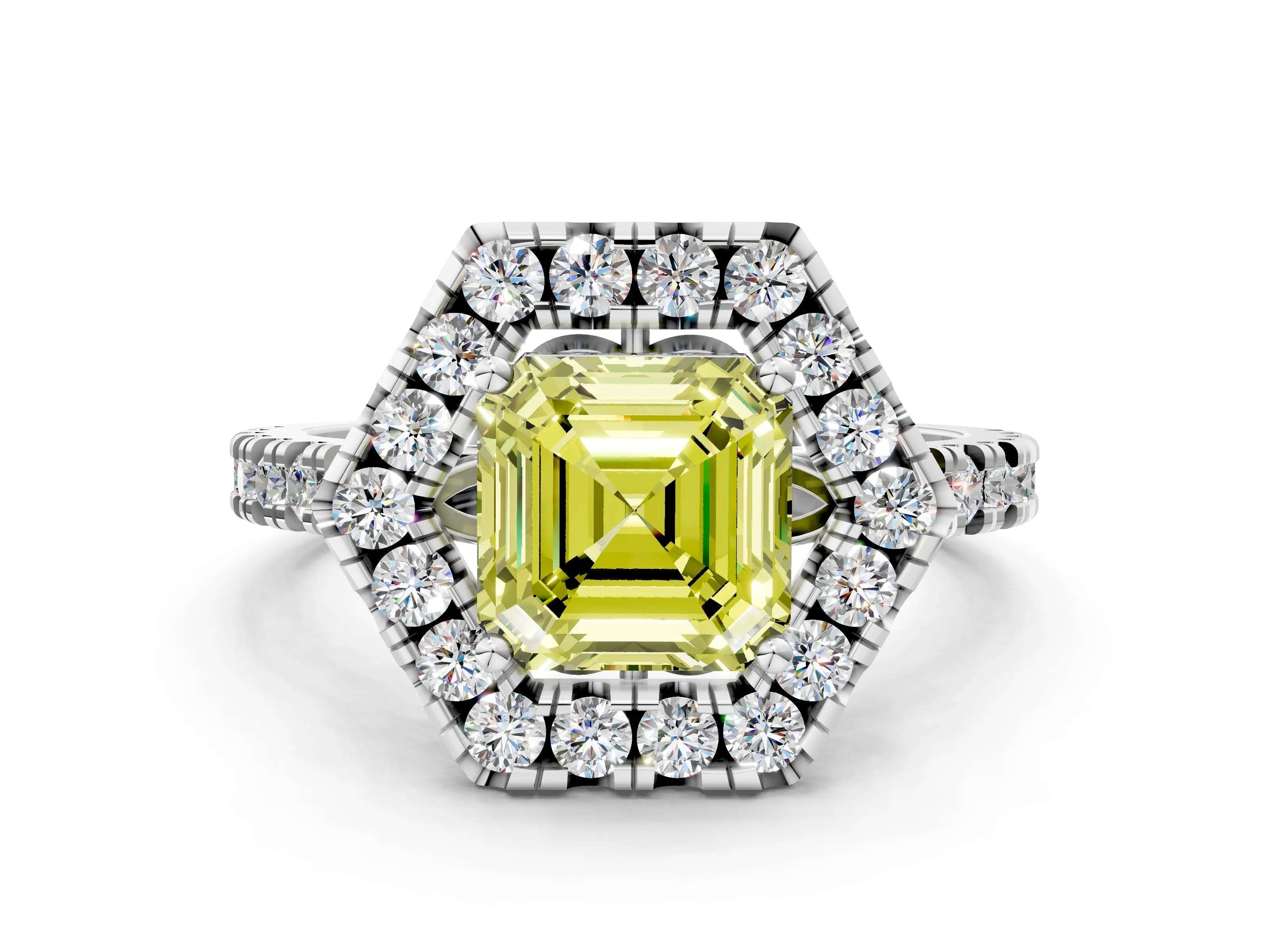 Silver Hexagonal Halo Fancy Yellow Asscher Cut Diamond Pavé Band with Four-Prong Setting_12