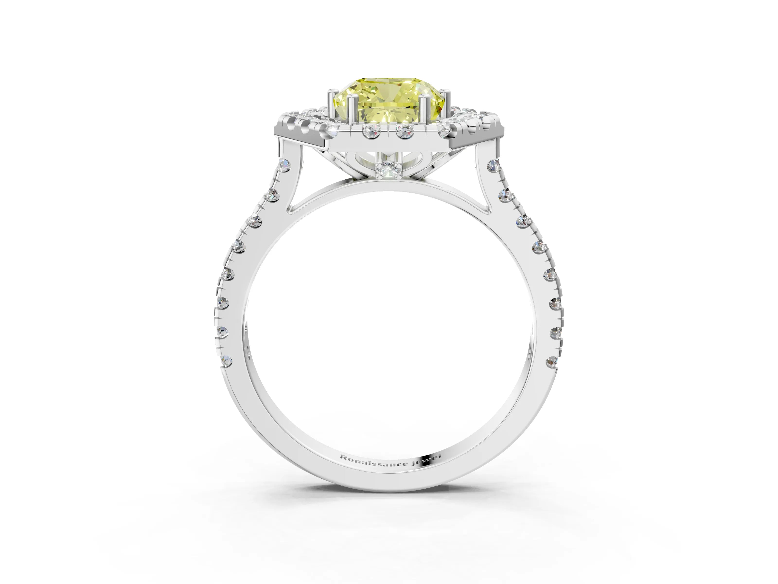 Silver Hexagonal Halo Fancy Yellow Cushion Cut Diamond Pavé Band with Four-Prong Setting_9