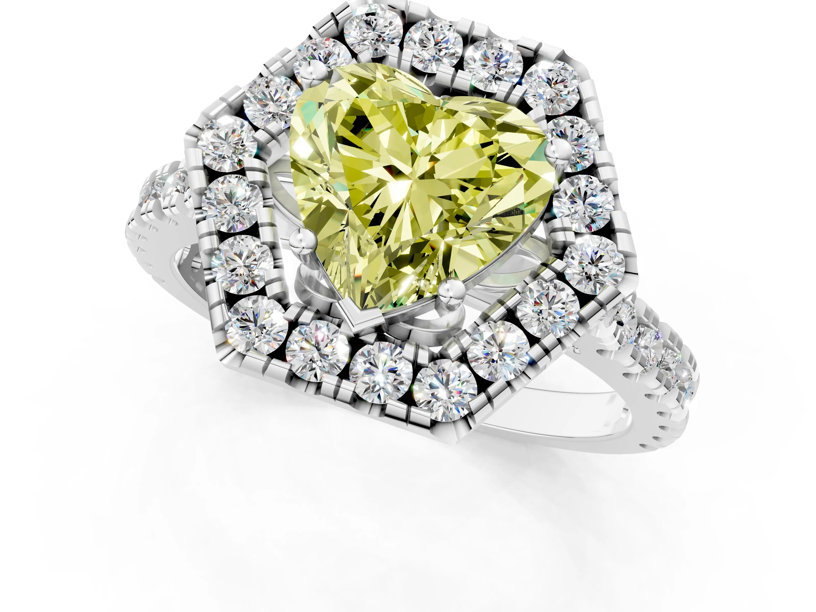 Silver Hexagonal Halo Fancy Yellow Heart Cut Diamond Pavé Band with Four-Prong Setting_43