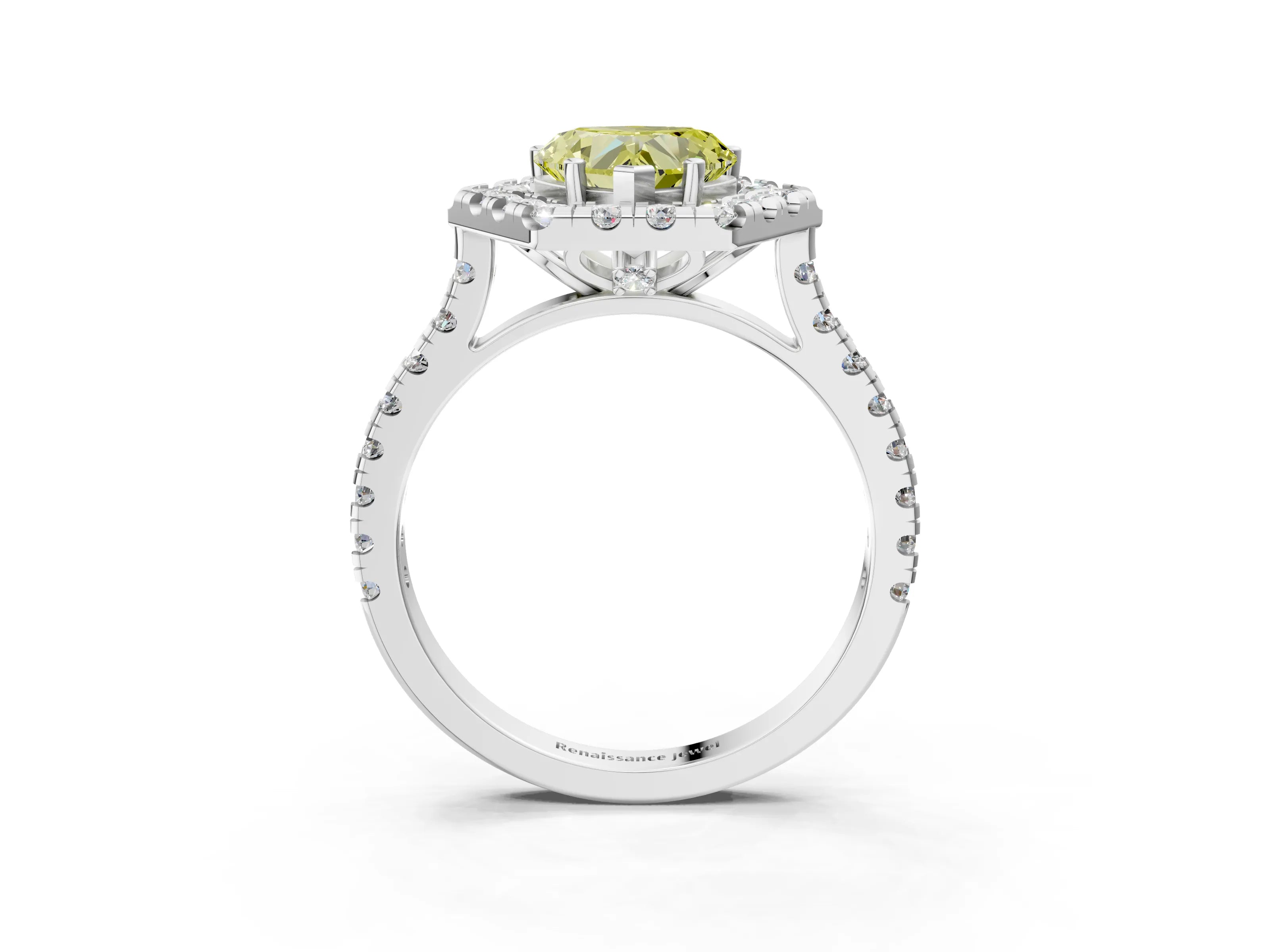 Silver Hexagonal Halo Fancy Yellow Heart Cut Diamond Pavé Band with Four-Prong Setting_45