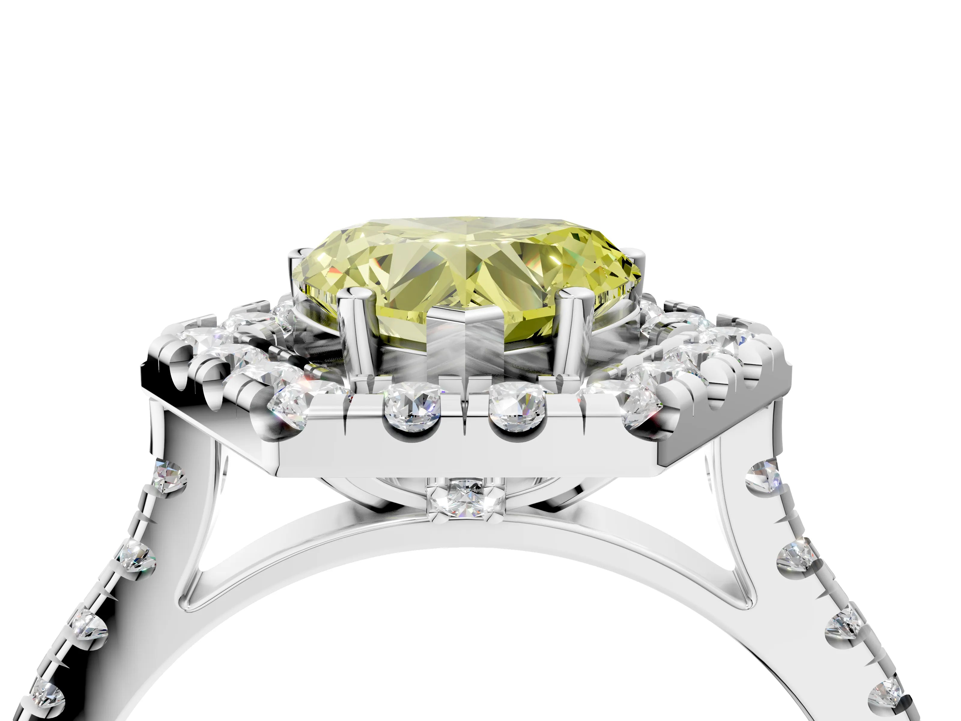 Silver Hexagonal Halo Fancy Yellow Heart Cut Diamond Pavé Band with Four-Prong Setting_46