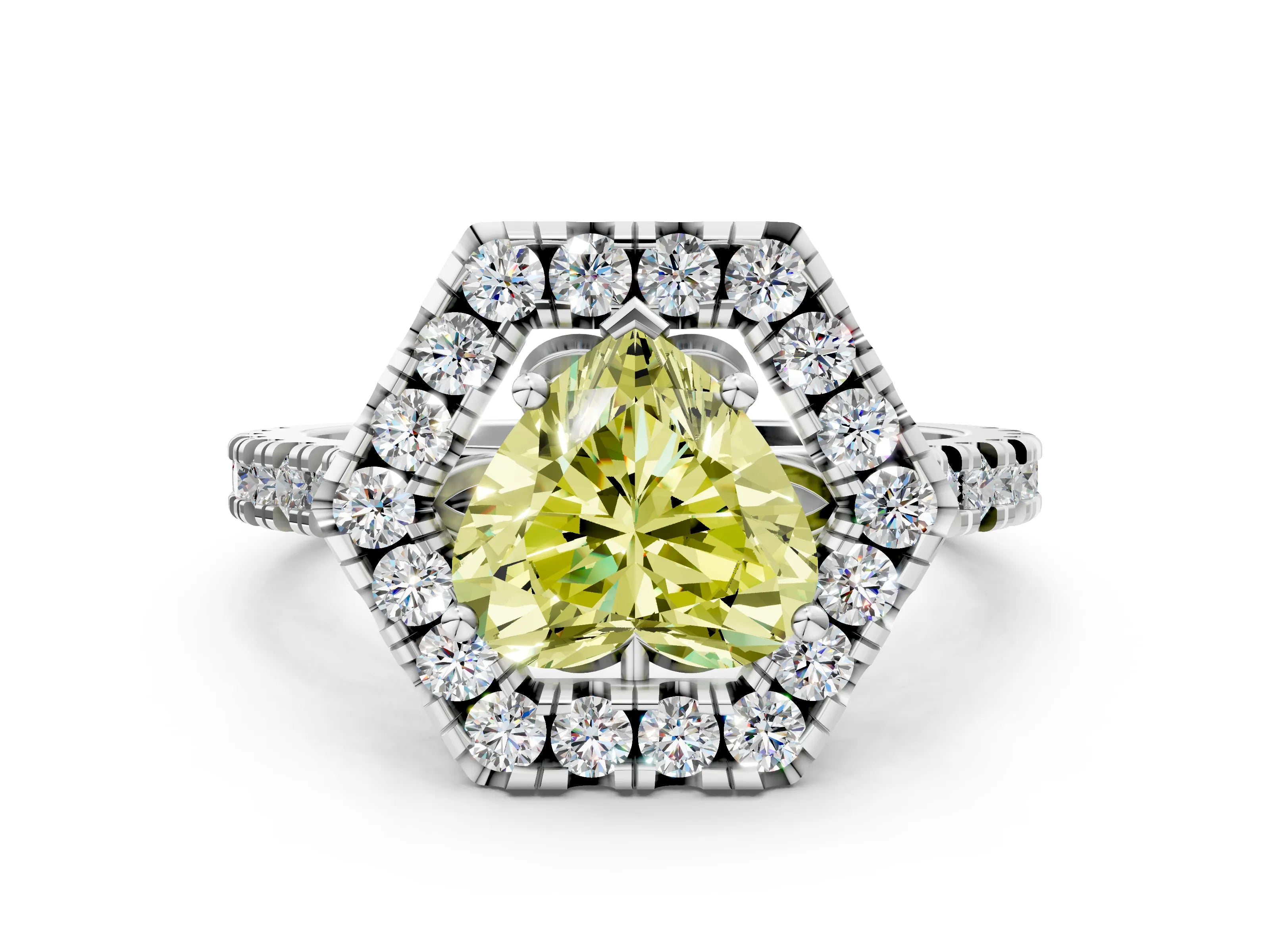 Silver Hexagonal Halo Fancy Yellow Heart Cut Diamond Pavé Band with Four-Prong Setting_84