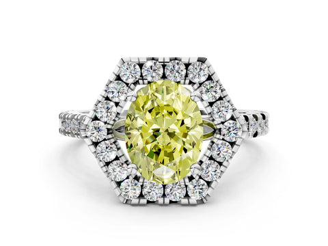 Silver Hexagonal Halo Fancy Yellow Oval Cut Diamond Pavé Band with Four-Prong Setting_12