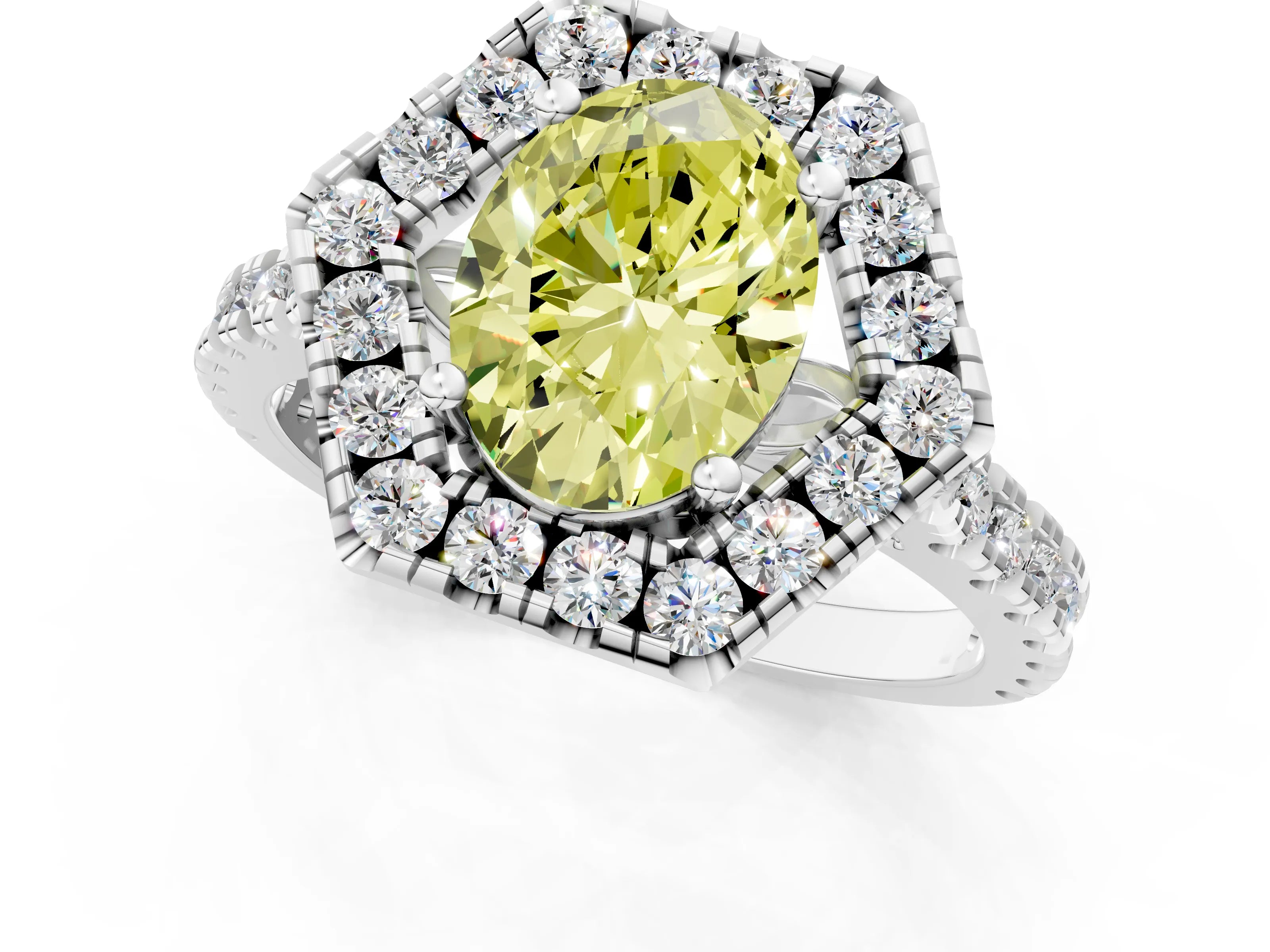 Silver Hexagonal Halo Fancy Yellow Oval Cut Diamond Pavé Band with Four-Prong Setting_13