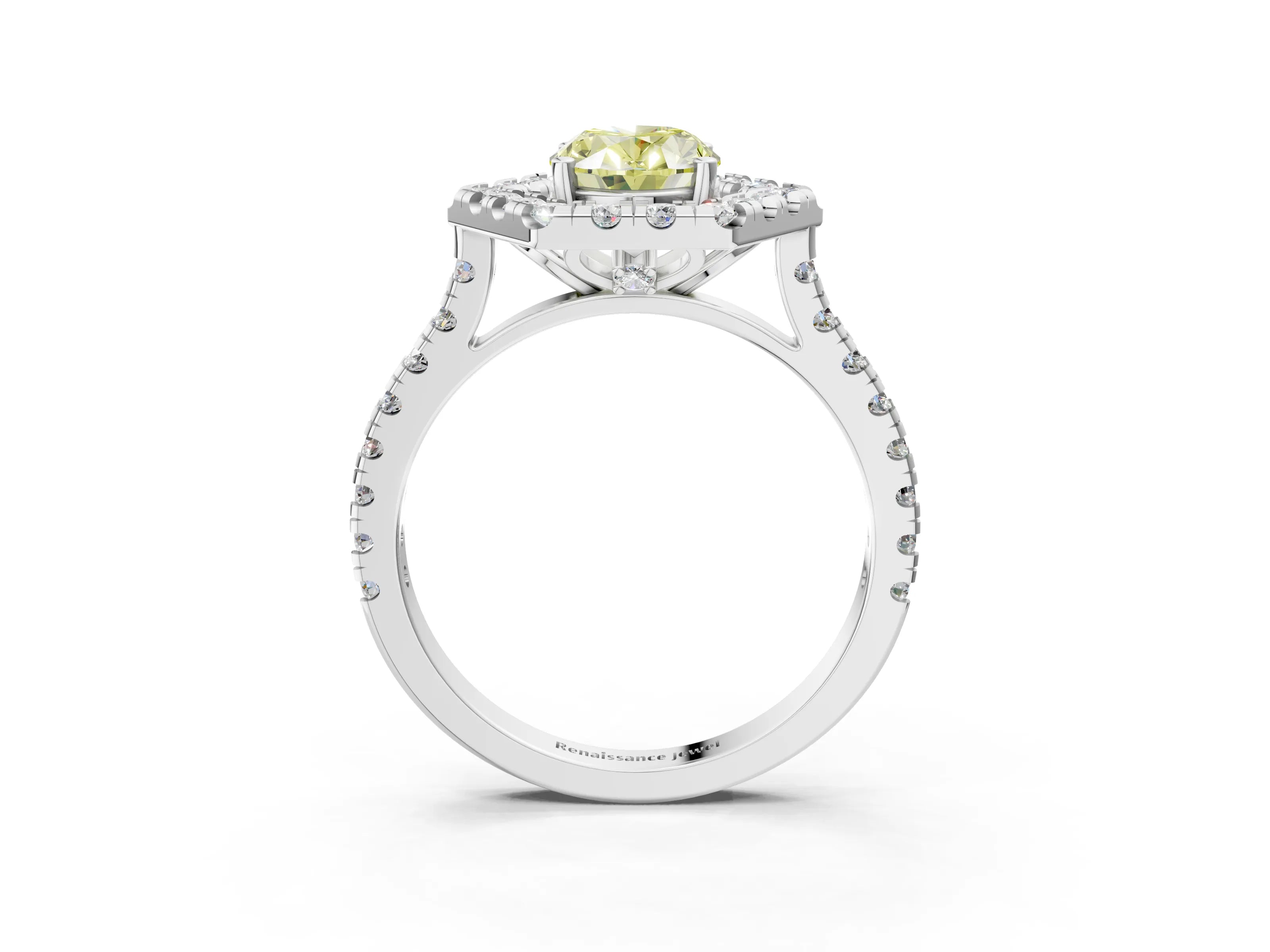 Silver Hexagonal Halo Fancy Yellow Oval Cut Diamond Pavé Band with Four-Prong Setting_15