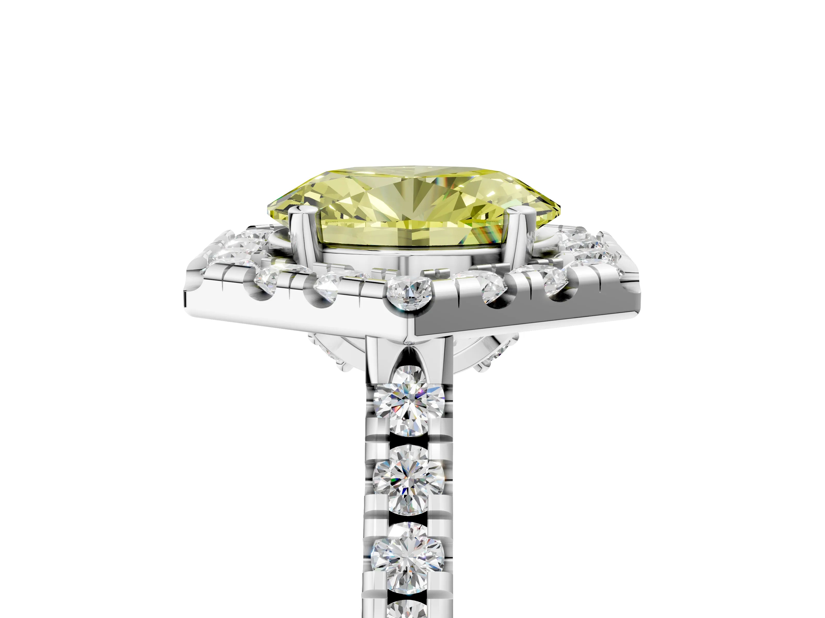 Silver Hexagonal Halo Fancy Yellow Oval Cut Diamond Pavé Band with Four-Prong Setting_17