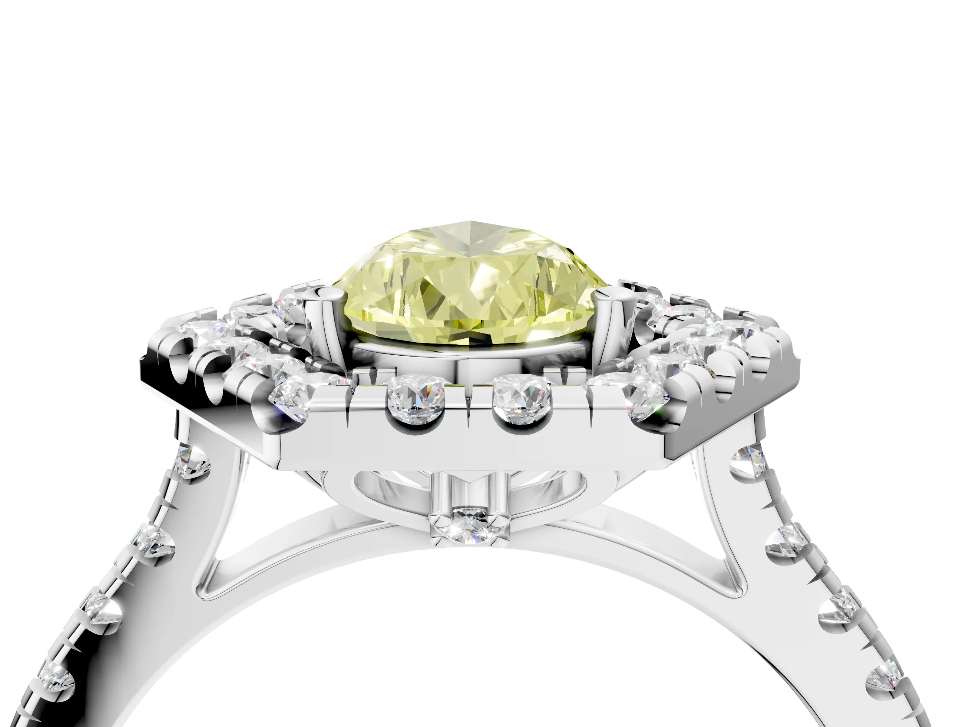 Silver Hexagonal Halo Fancy Yellow Pear Cut Diamond Pavé Band with Four-Prong Setting_16