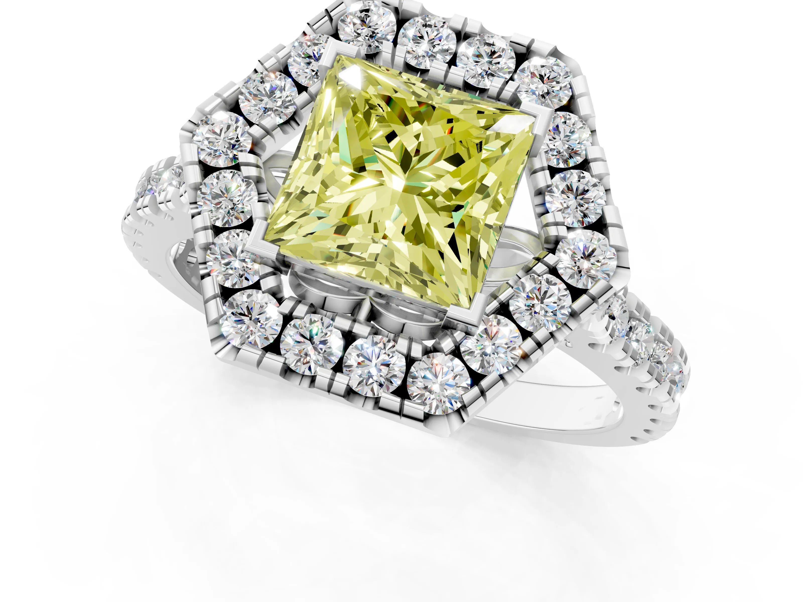 Silver Hexagonal Halo Fancy Yellow Princess Cut Diamond Pavé Band with Four-Prong Setting_7