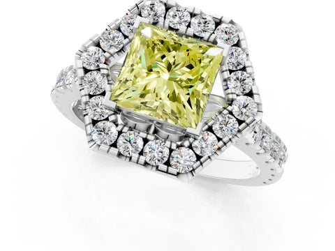 Silver Hexagonal Halo Fancy Yellow Princess Cut Diamond Pavé Band with Four-Prong Setting_7