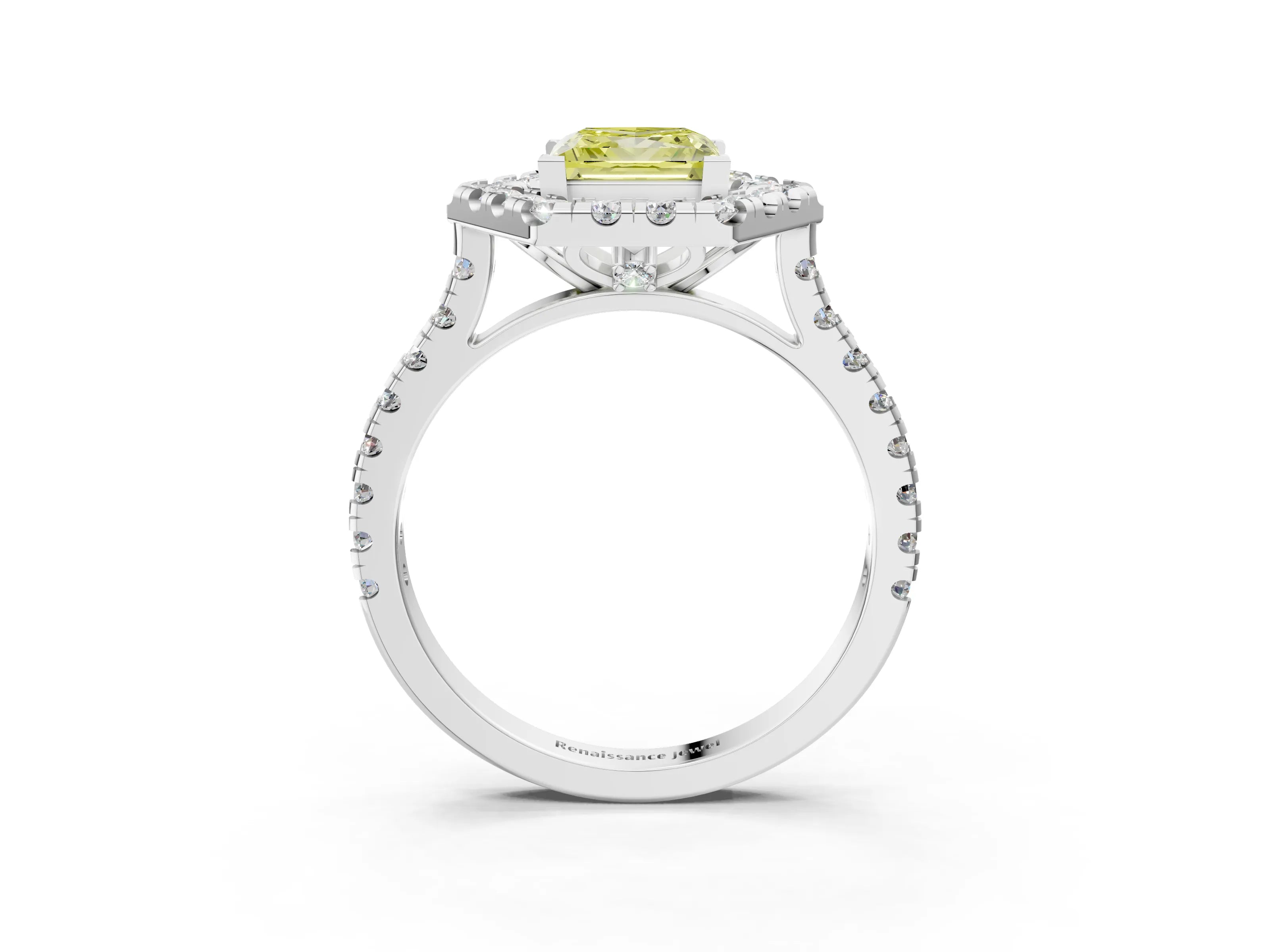 Silver Hexagonal Halo Fancy Yellow Princess Cut Diamond Pavé Band with Four-Prong Setting_9
