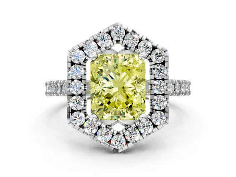 Silver Hexagonal Halo Fancy Yellow Radiant Cut Diamond Pavé Band with Four-Prong Setting_6