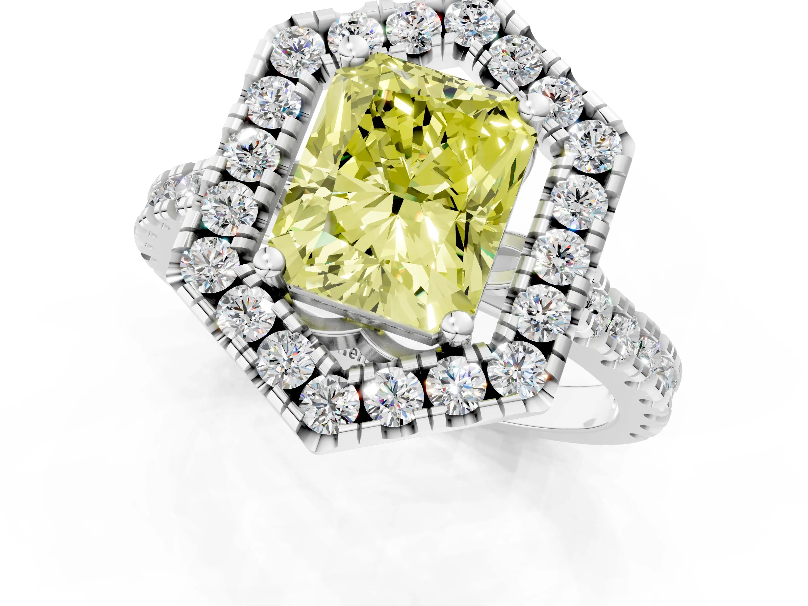 Silver Hexagonal Halo Fancy Yellow Radiant Cut Diamond Pavé Band with Four-Prong Setting_7