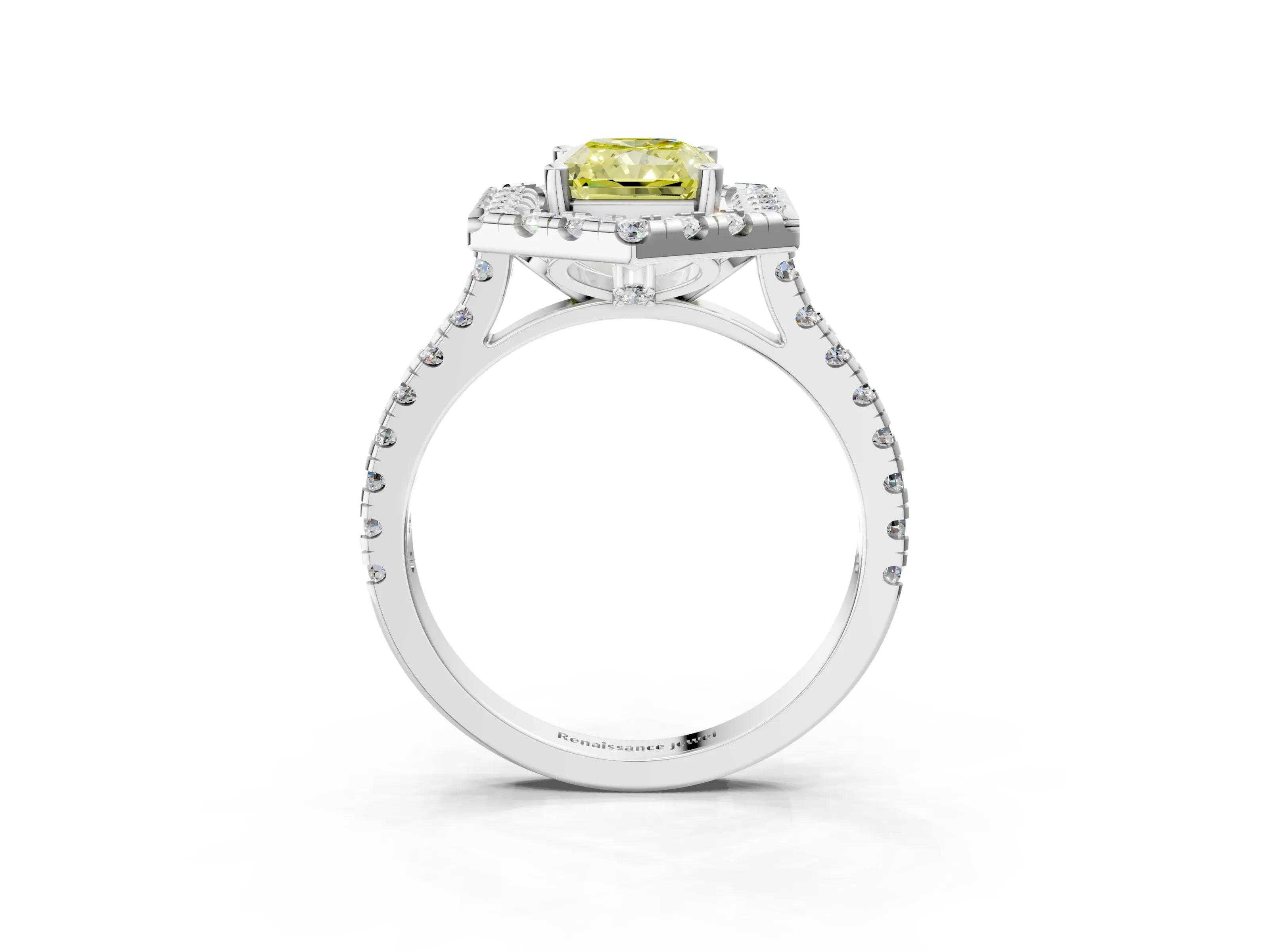 Silver Hexagonal Halo Fancy Yellow Radiant Cut Diamond Pavé Band with Four-Prong Setting_9