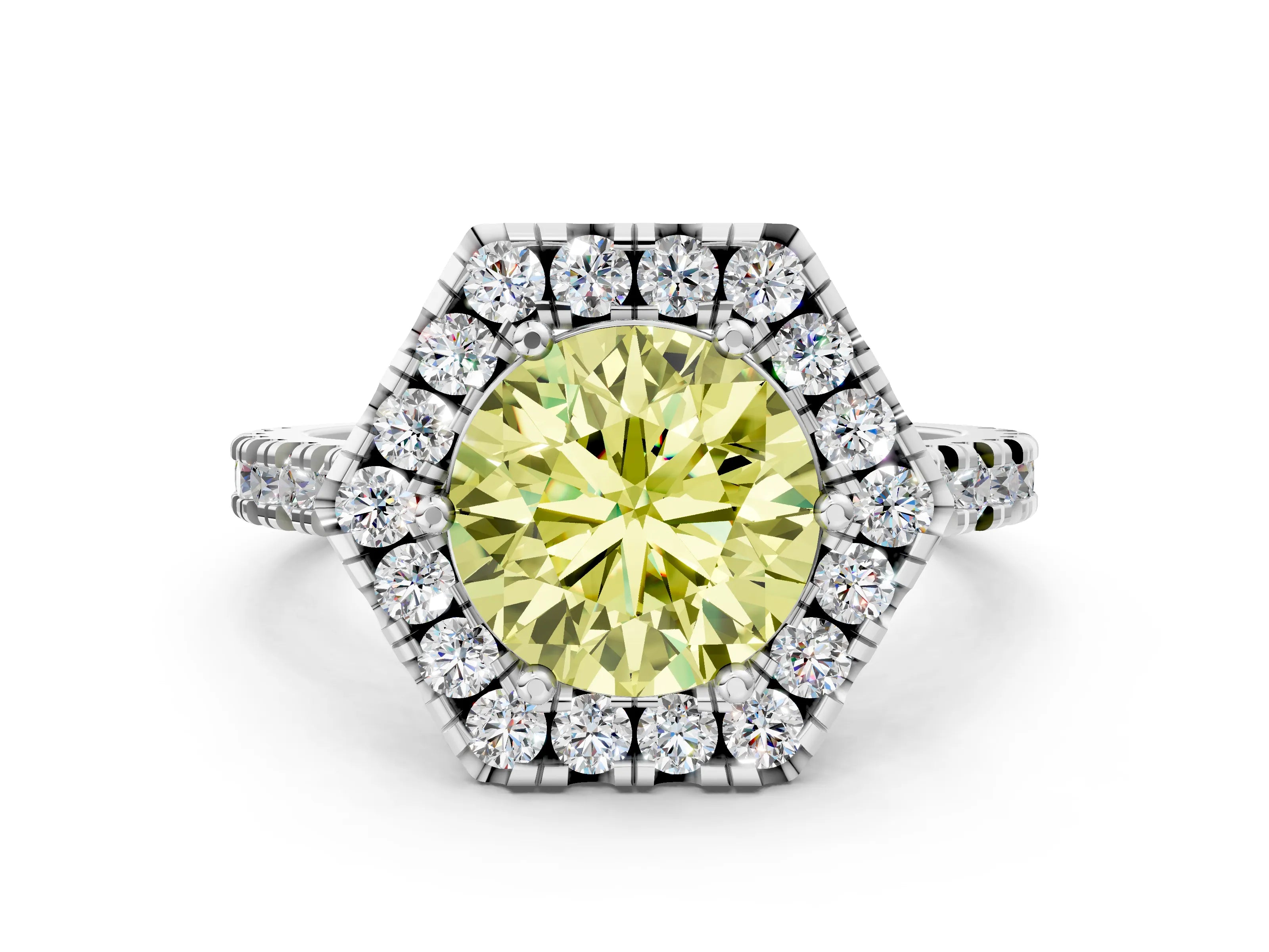 Silver Hexagonal Halo Fancy Yellow Round Cut Diamond Pavé Band with Four-Prong Setting_36