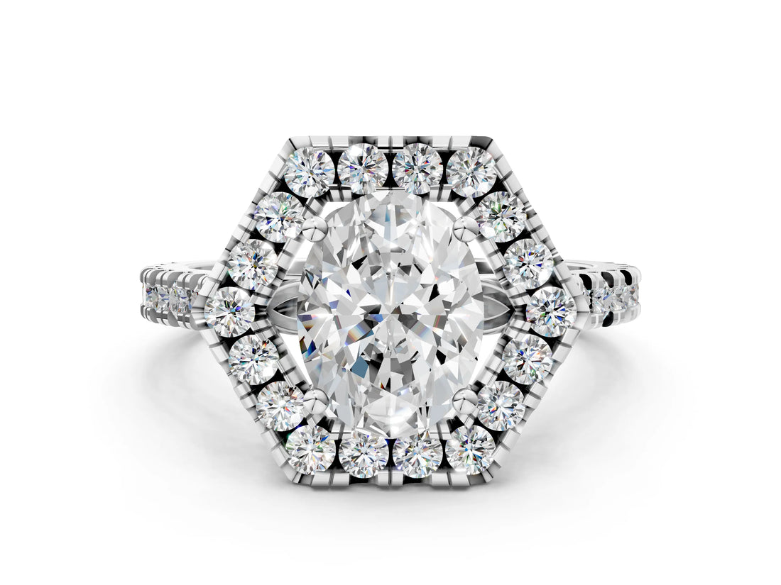 Silver Hexagonal Halo Oval Cut Diamond Pavé Band with Four-Prong Setting_3